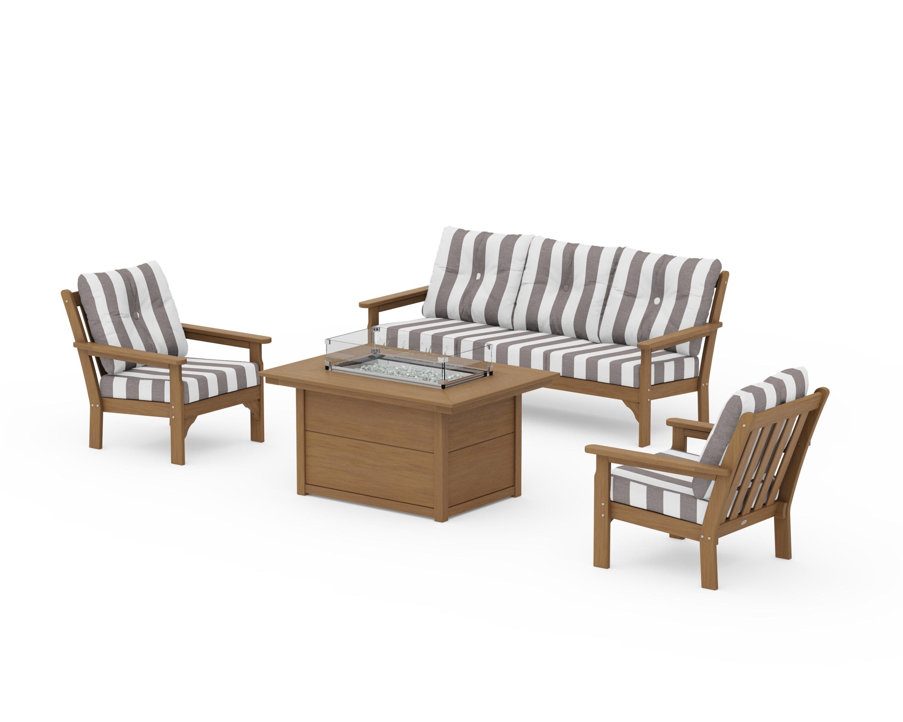 Vineyard Deep Seating Fire Pit Table Set in Natural / Cabana Stripe Grey Mist