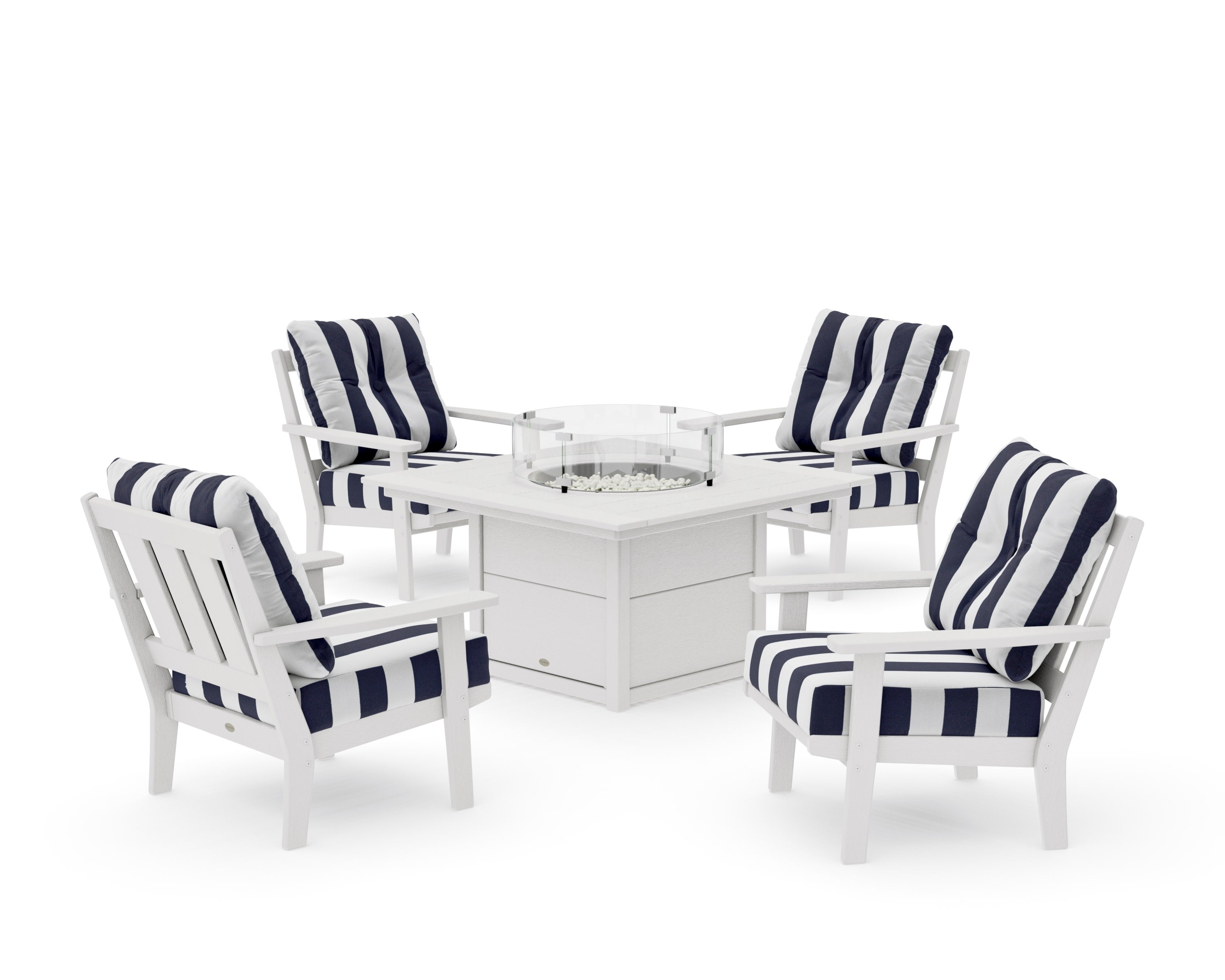 Oxford 5-Piece Deep Seating Set with Fire Pit Table in Vintage White / Cabana Stripe Navy