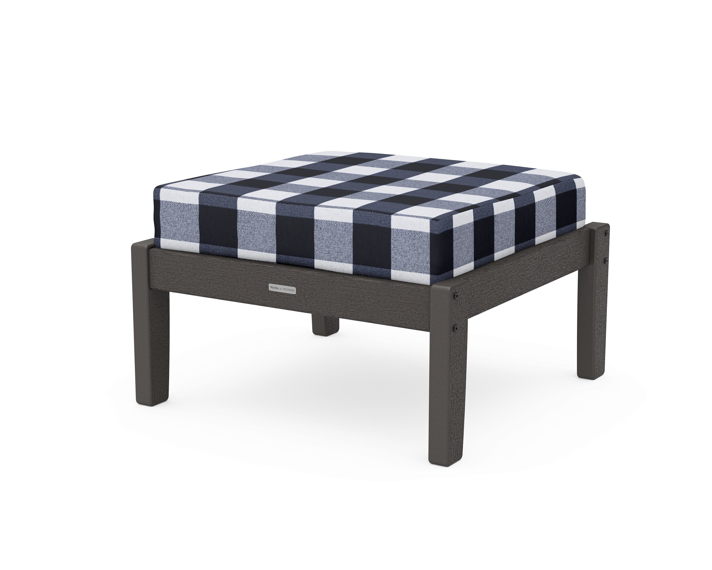Chinoiserie Deep Seating Ottoman in Vintage Coffee / Buffalo Plaid Marine Indigo