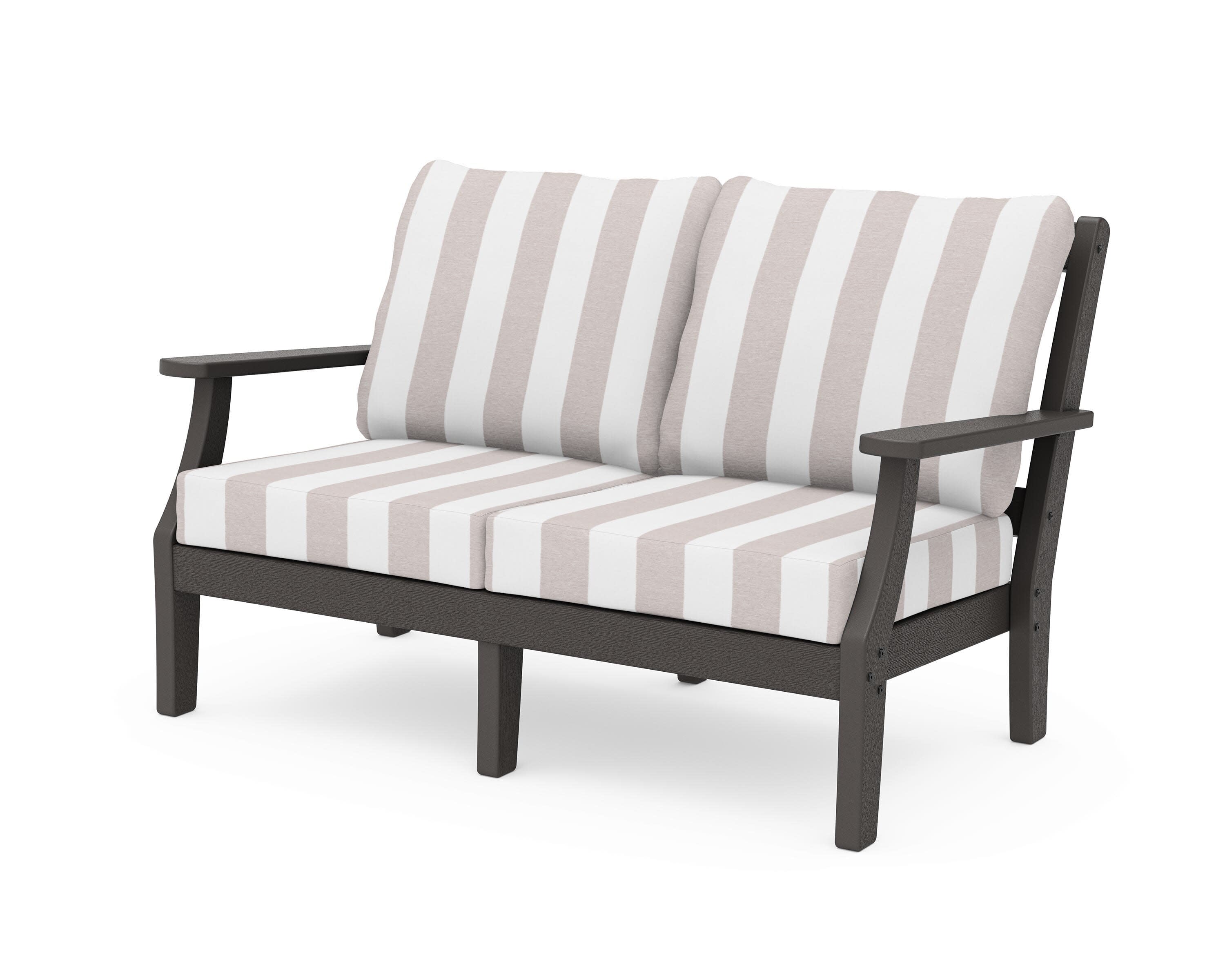 Chinoiserie Deep Seating Loveseat in Vintage Coffee / Cabana Stripe Dune Burlap