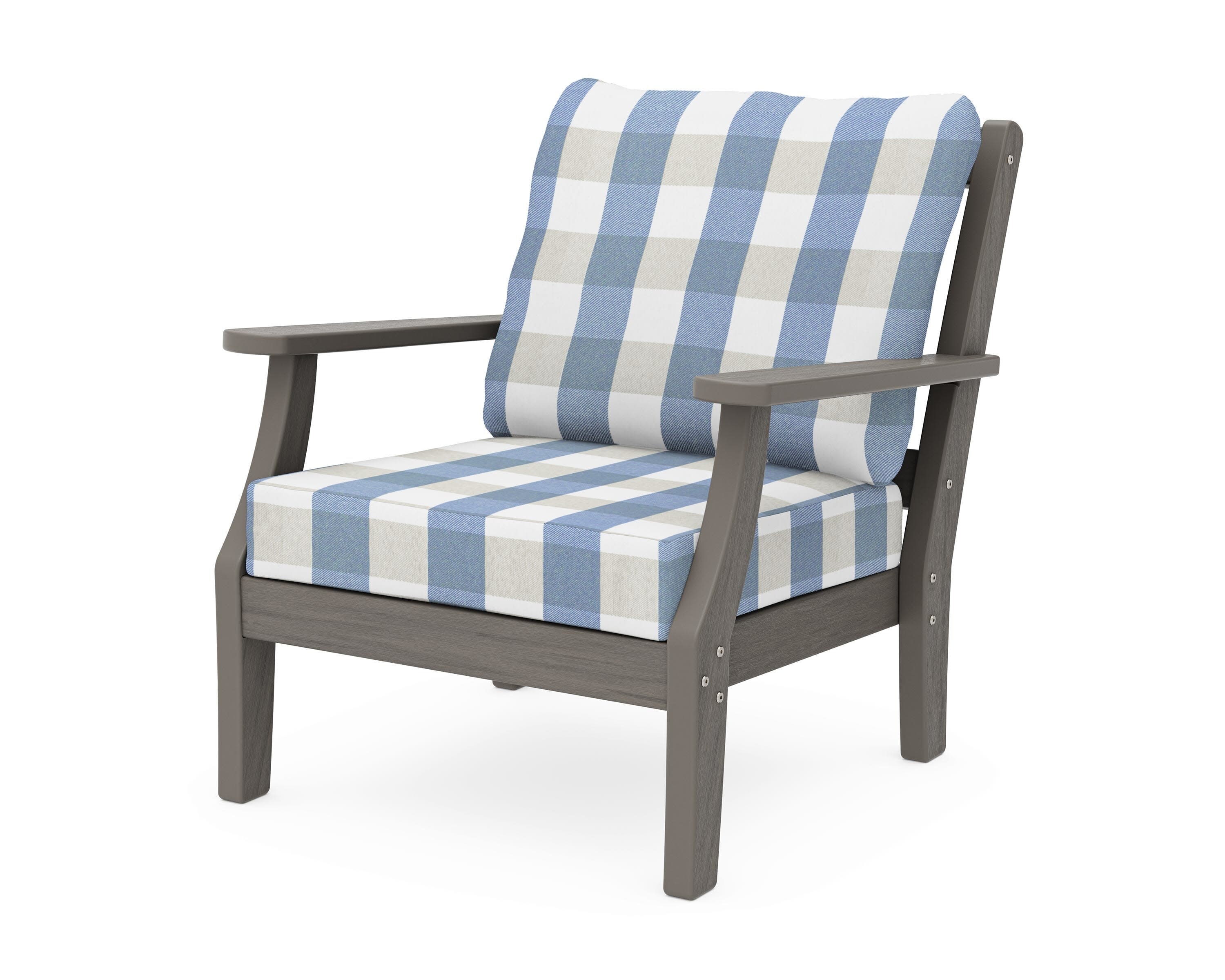 Chinoiserie Deep Seating Chair in Driftwood / Buffalo Plaid Sky Blue