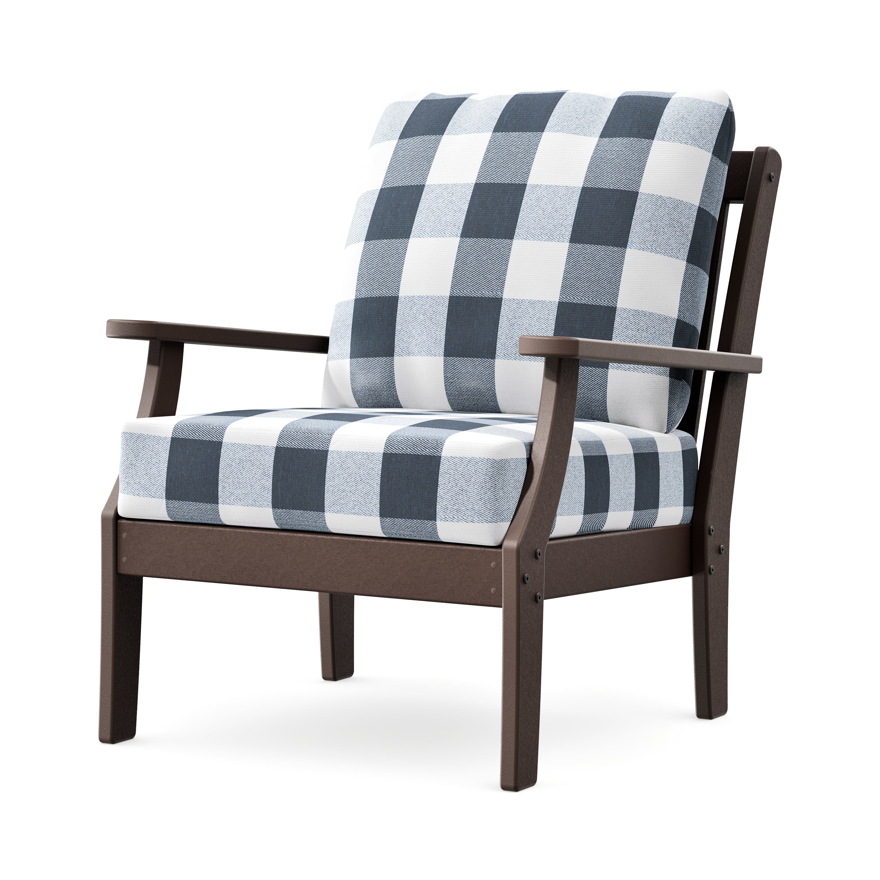 Braxton Deep Seating Chair in Mahogany / Buffalo Plaid Marine Indigo