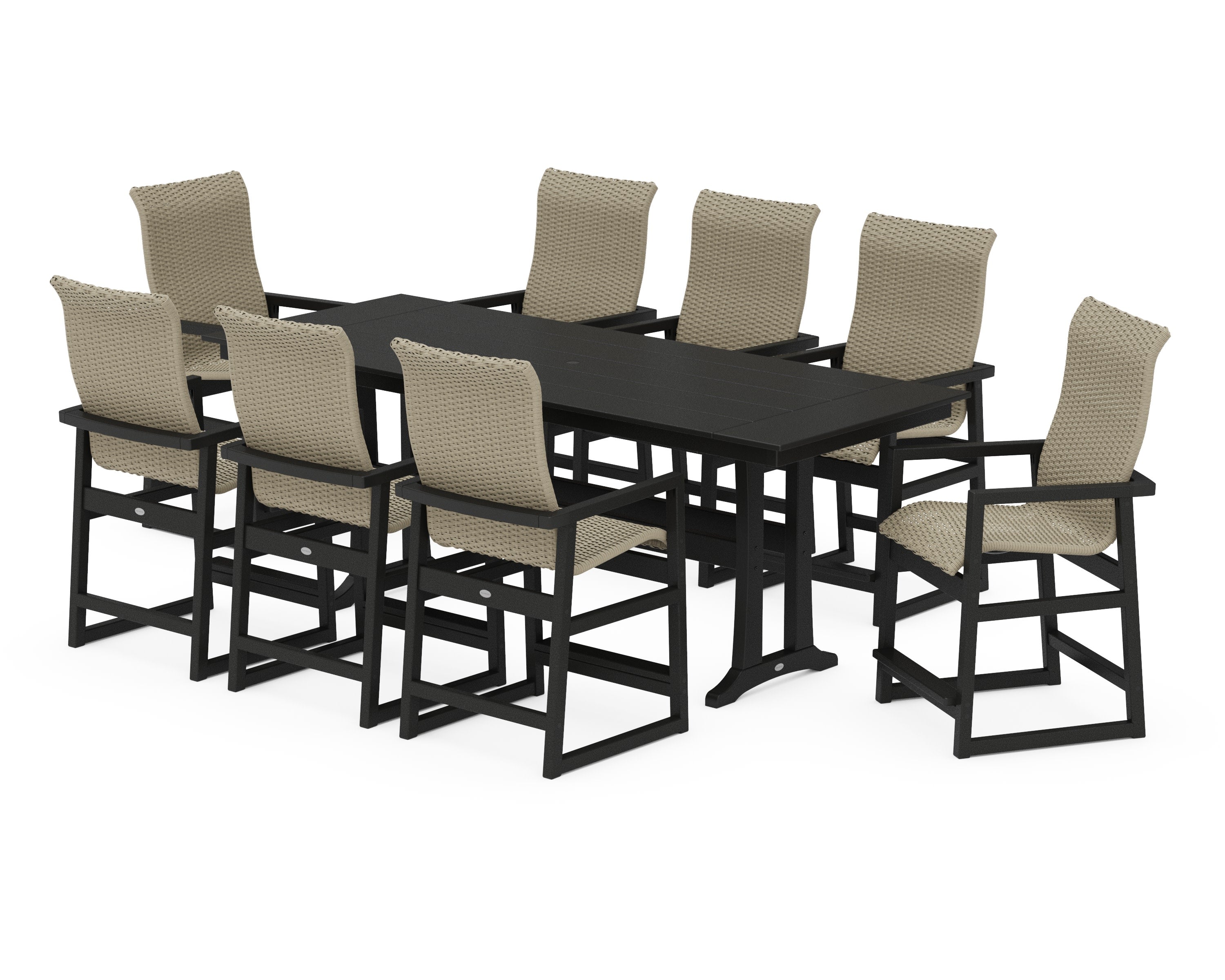 EDGE Woven Highback 9-Piece Farmhouse Counter Set with Trestle Legs in Black / Dune Grass