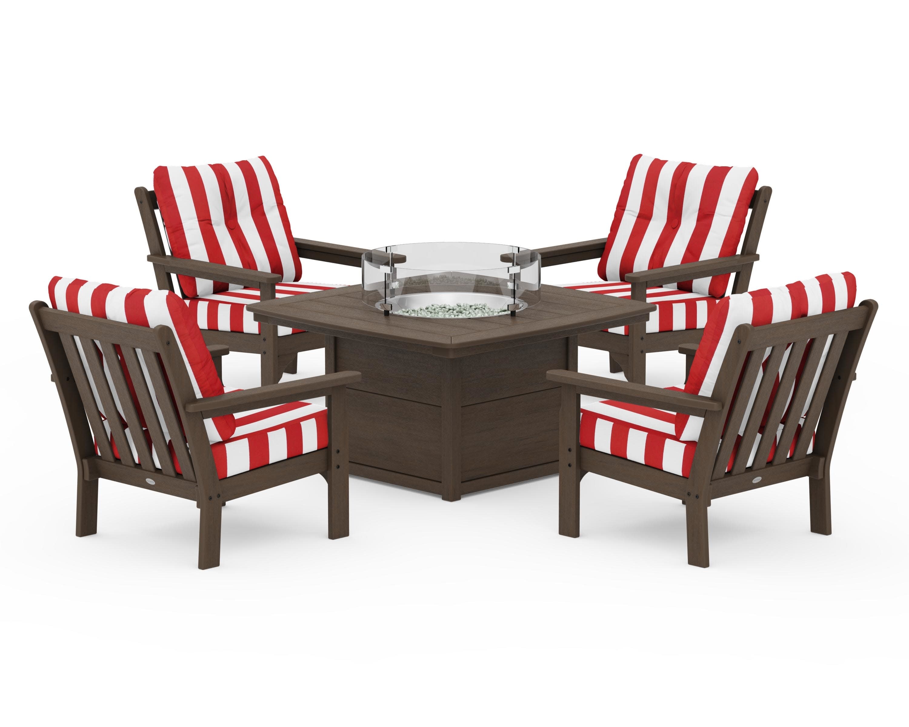 Vineyard 5-Piece Conversation Set with Fire Pit Table in Kona / Cabana Stripe Crimson