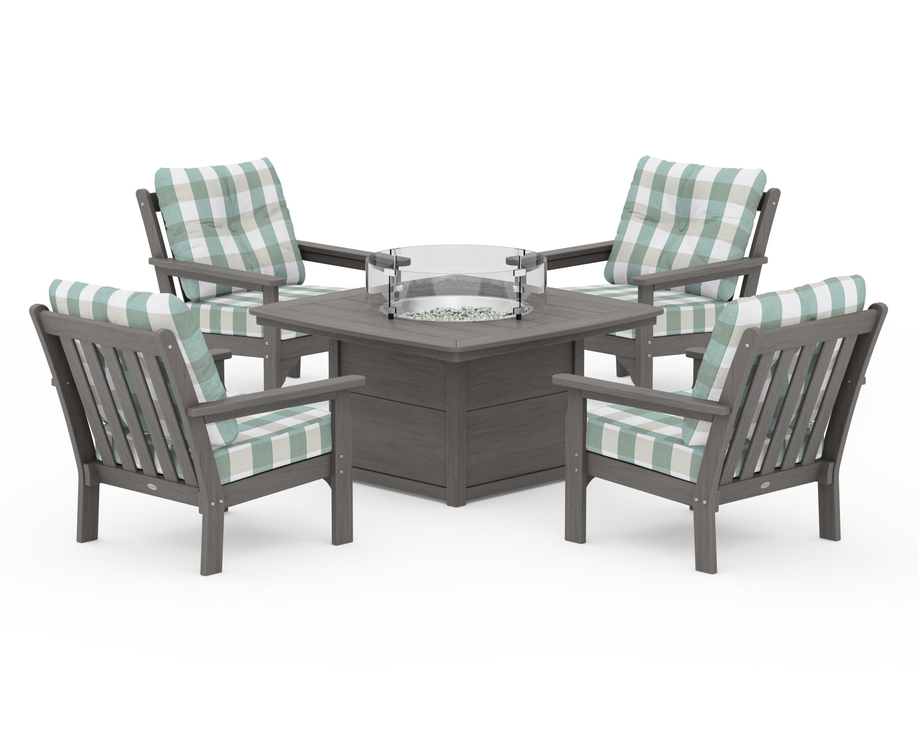 Vineyard 5-Piece Conversation Set with Fire Pit Table in Driftwood / Buffalo Plaid Glacier Spa