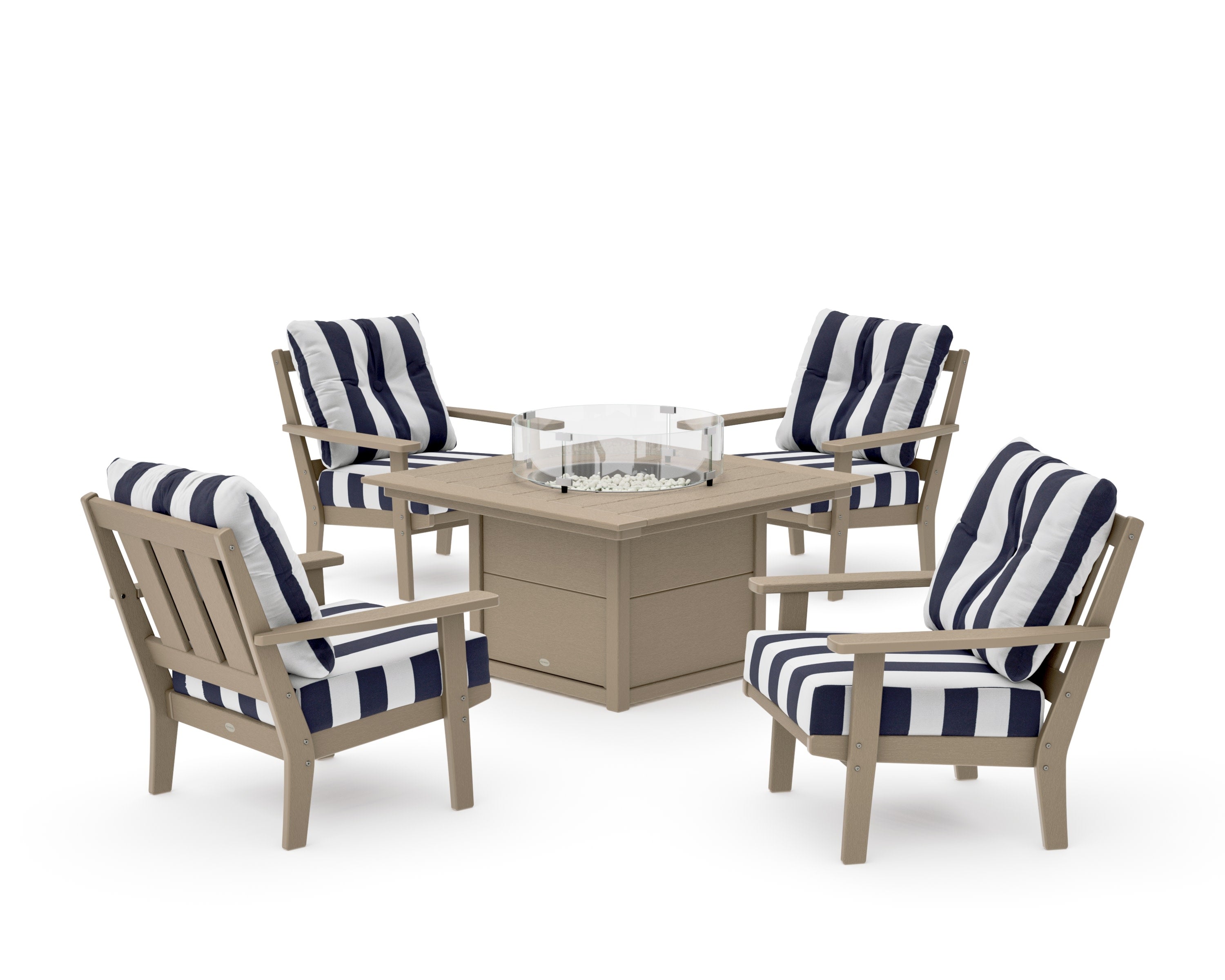Oxford 5-Piece Deep Seating Set with Fire Pit Table in Vintage Sahara / Cabana Stripe Navy