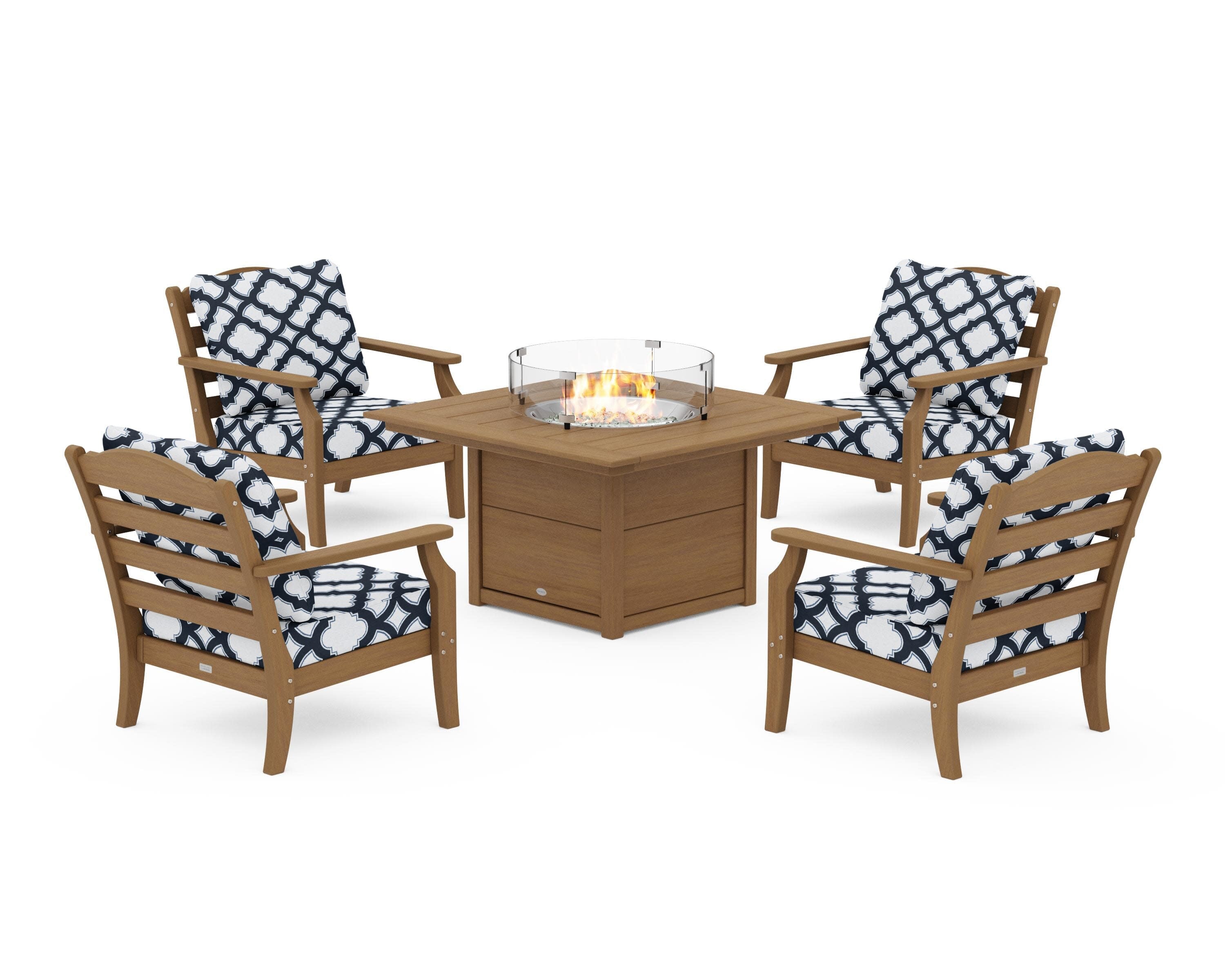 Savannah 5-Piece Deep Seating Set with Fire Pit Table in Natural / Trellis Marine Indigo