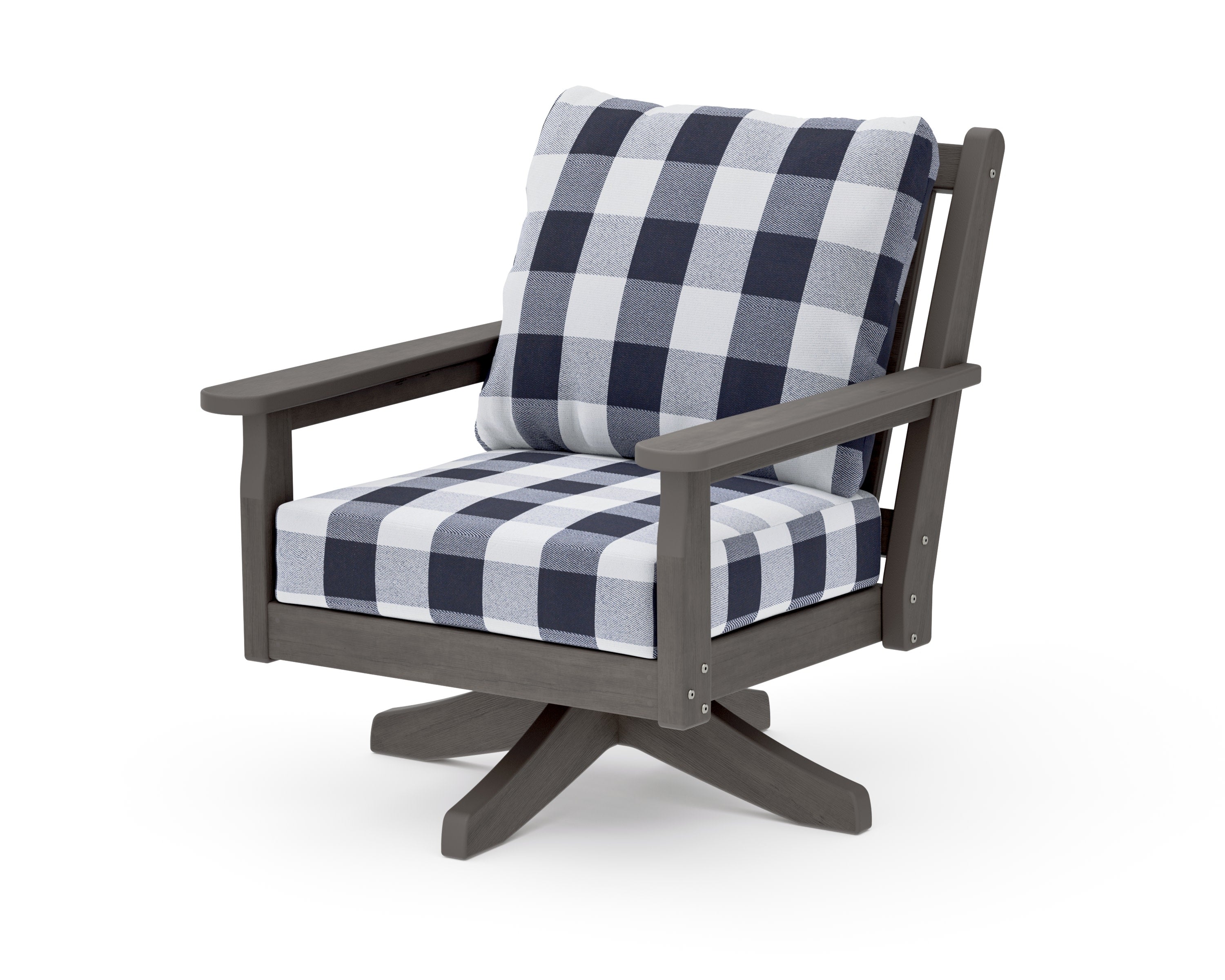 Chippendale Deep Seating Swivel Chair in Driftwood / Buffalo Plaid Navy