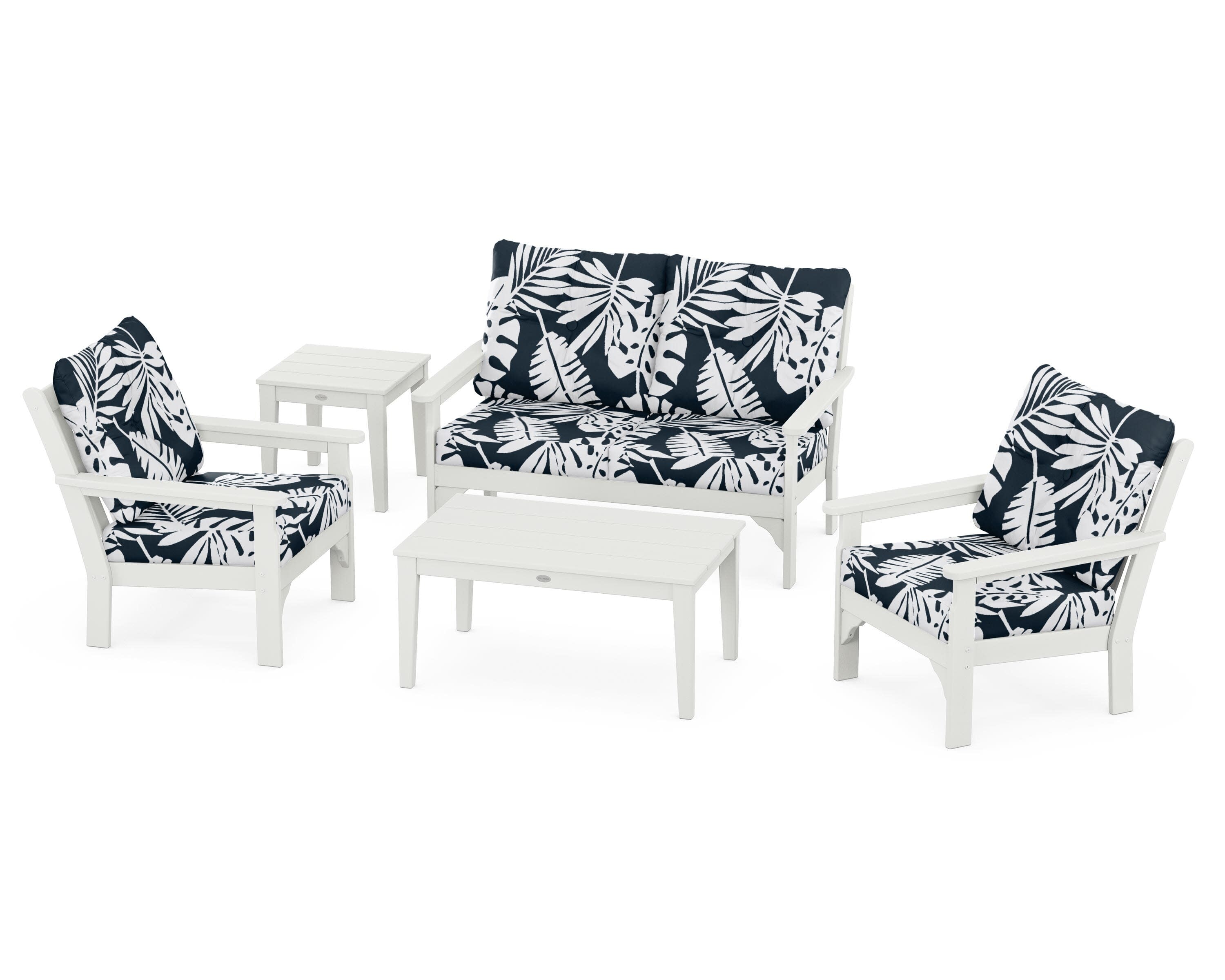 Vineyard 5-Piece Deep Seating Set in Vintage White / Leaf Marine Indigo