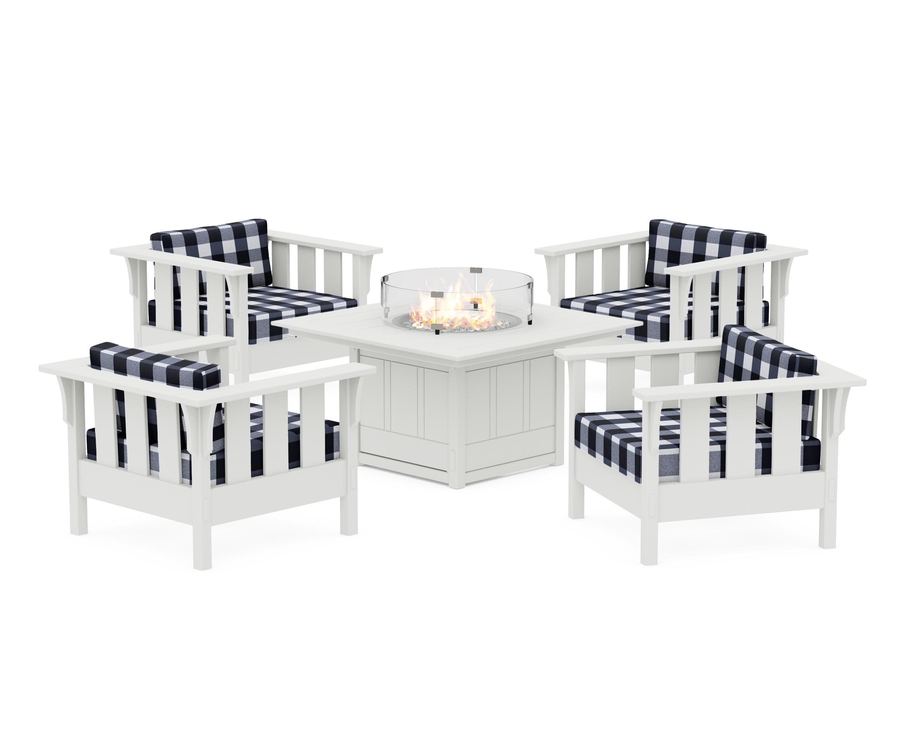Acadia 5-Piece Deep Seating Set with Fire Pit Table in White / Buffalo Plaid Marine Indigo