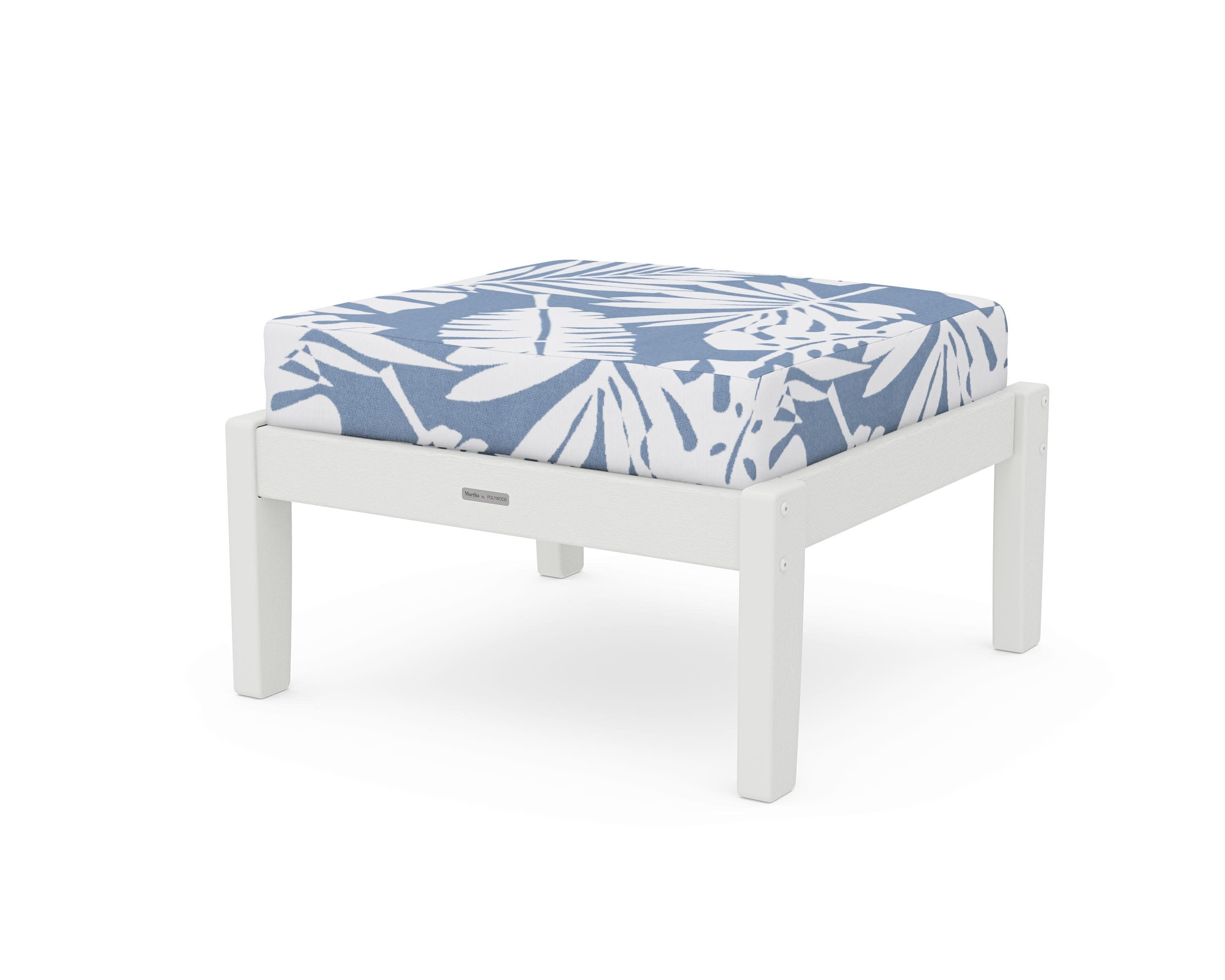 Chinoiserie Deep Seating Ottoman in Vintage White / Leaf Sky Blue