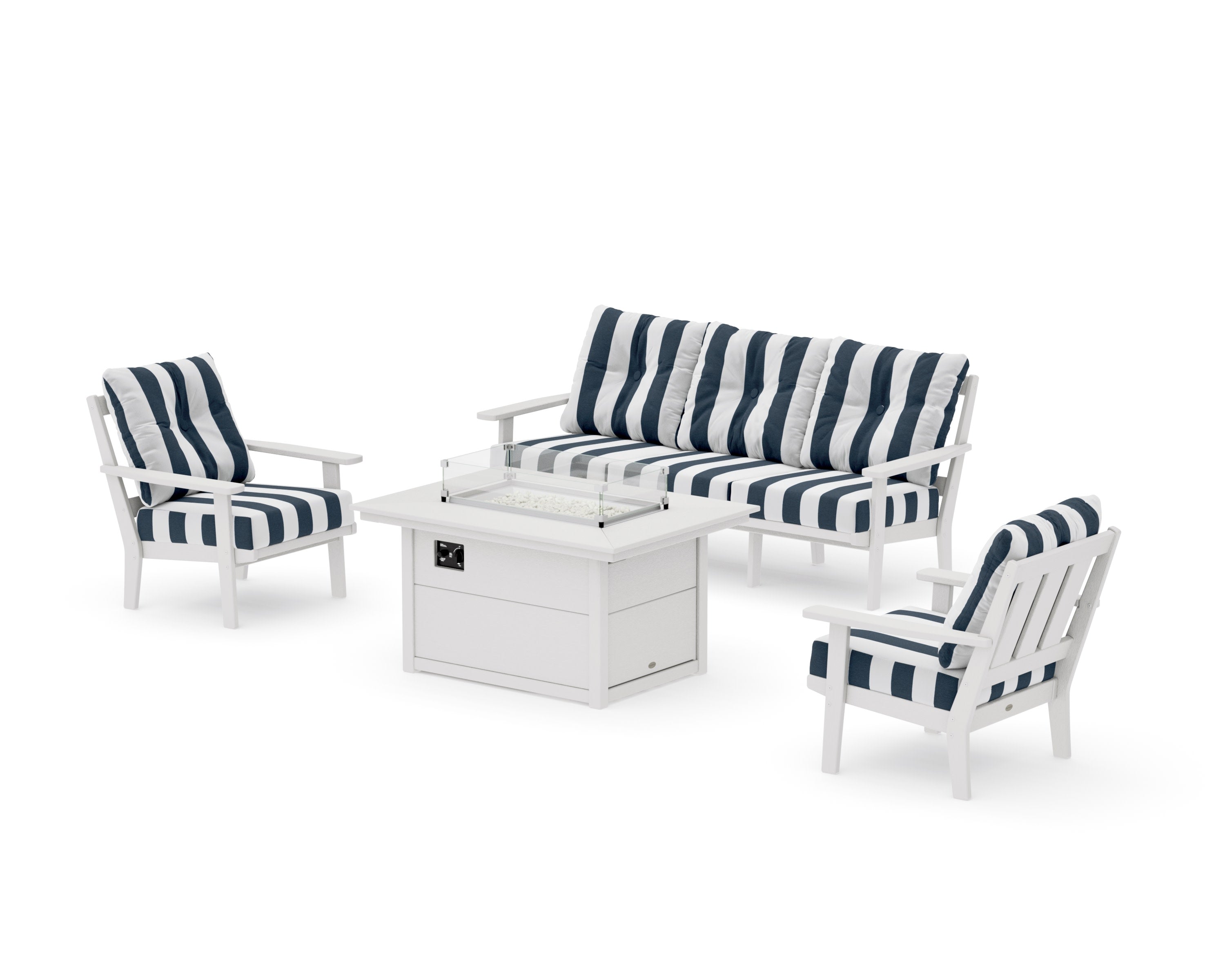 Oxford Deep Seating Fire Pit Table Set in Vintage White / Cabana Stripe Marine Indigo