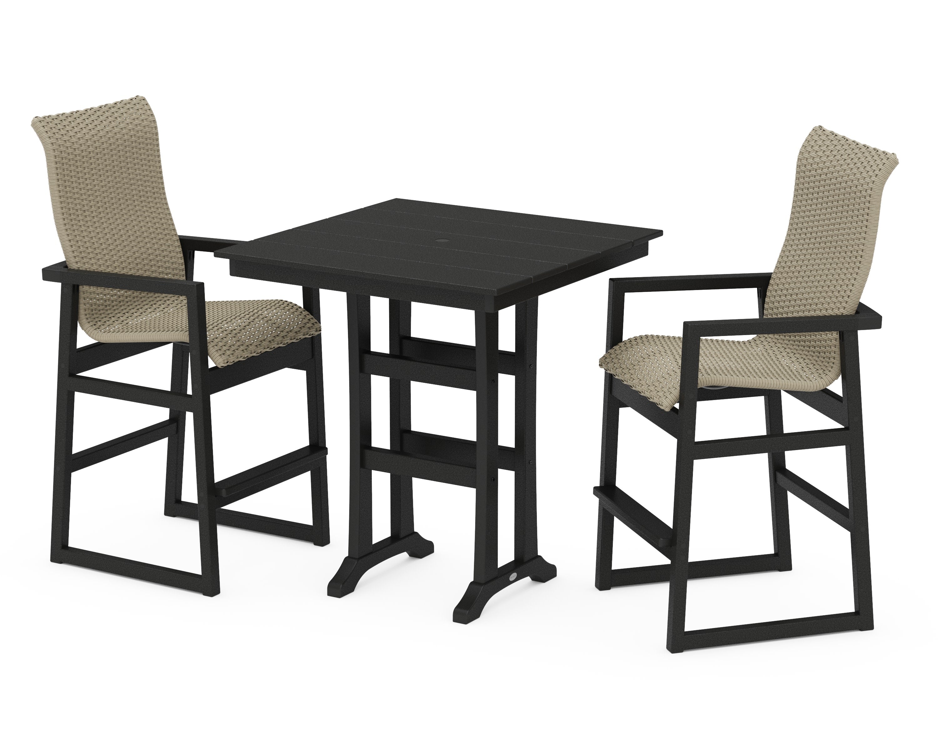 EDGE Woven Highback 3-Piece Farmhouse Bar Set with Trestle Legs in Black / Dune Grass