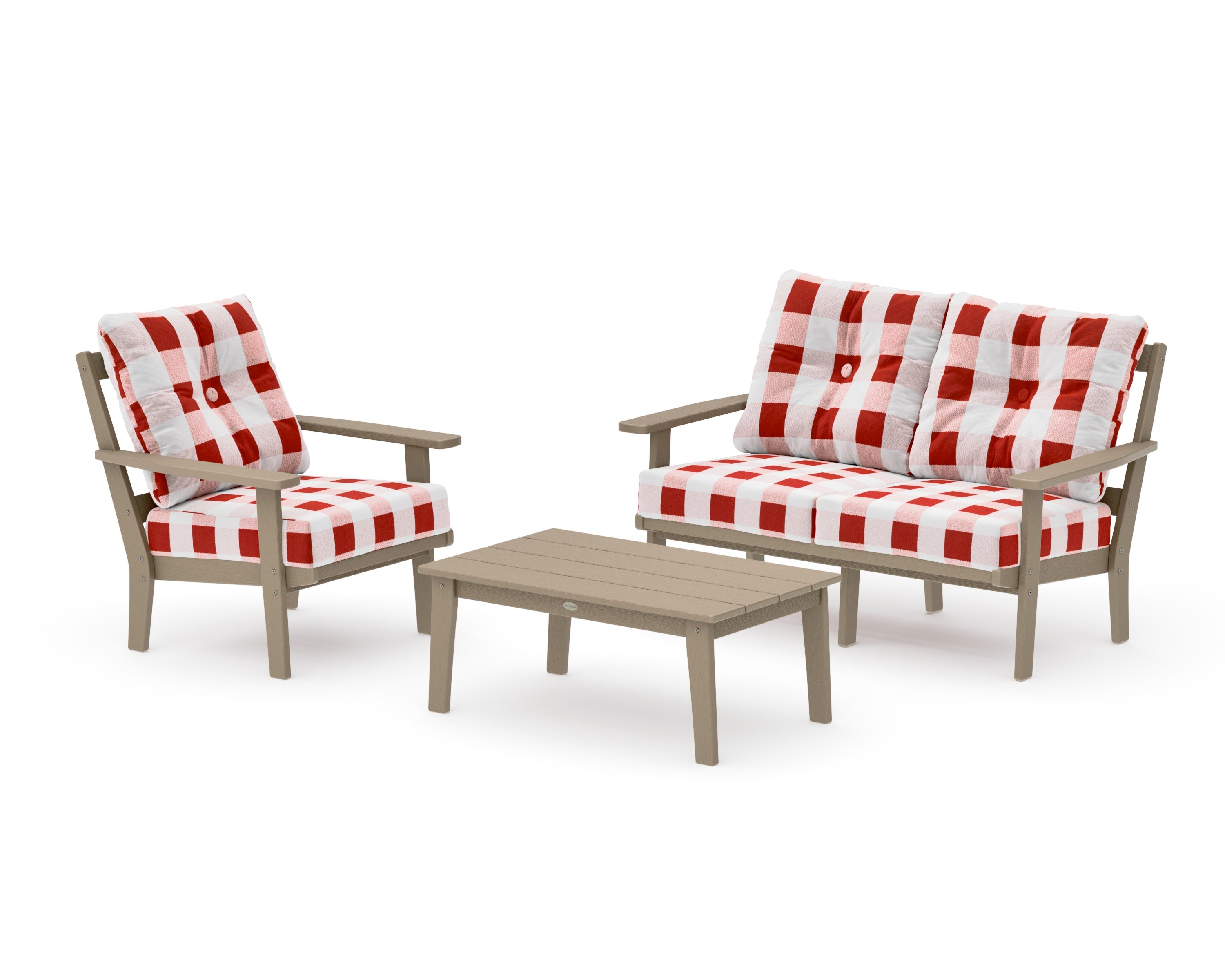 Oxford 3-Piece Deep Seating Set with Loveseat in Vintage Sahara / Buffalo Plaid Crimson