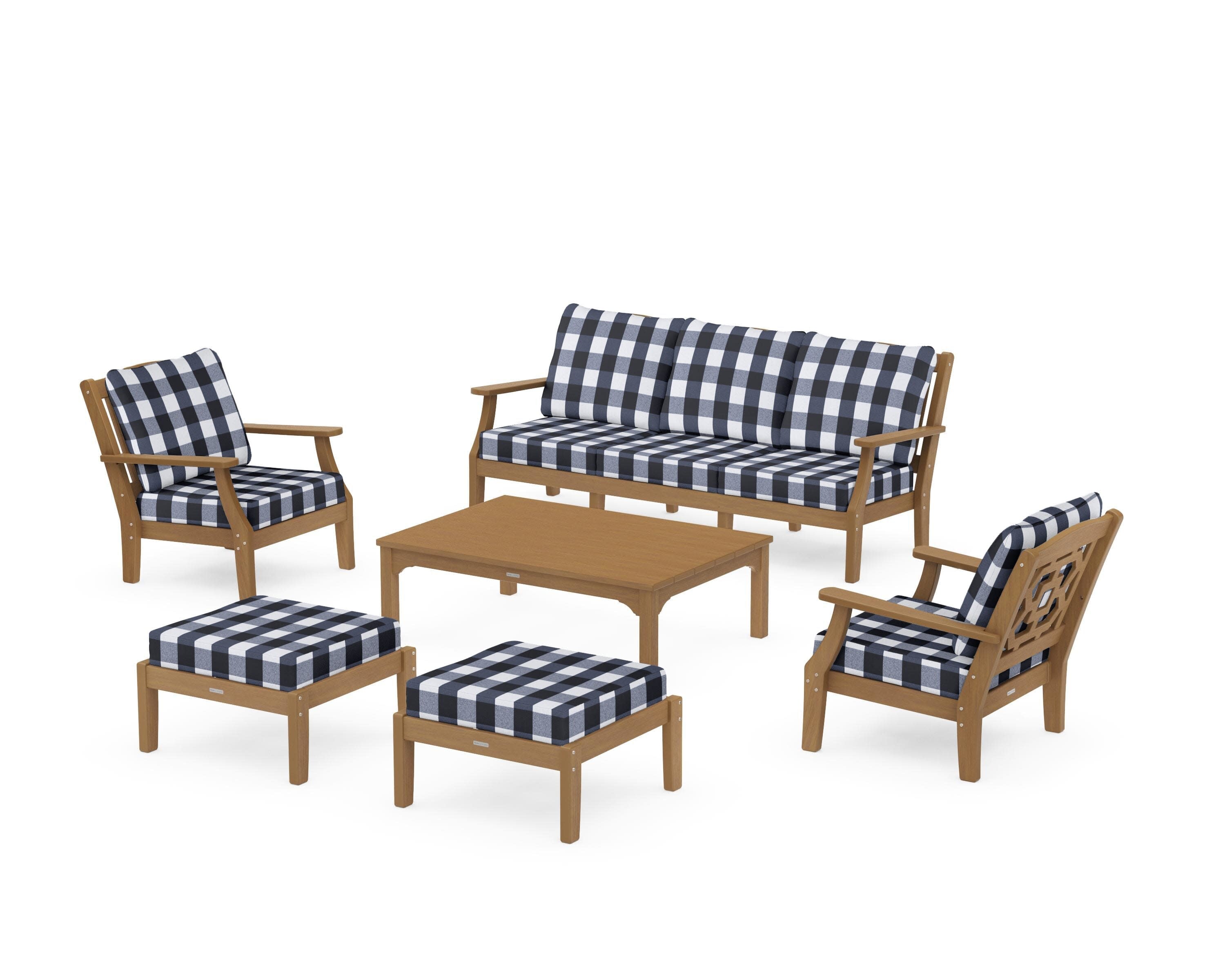 Chinoiserie 6-Piece Lounge Sofa Set in Natural / Buffalo Plaid Marine Indigo