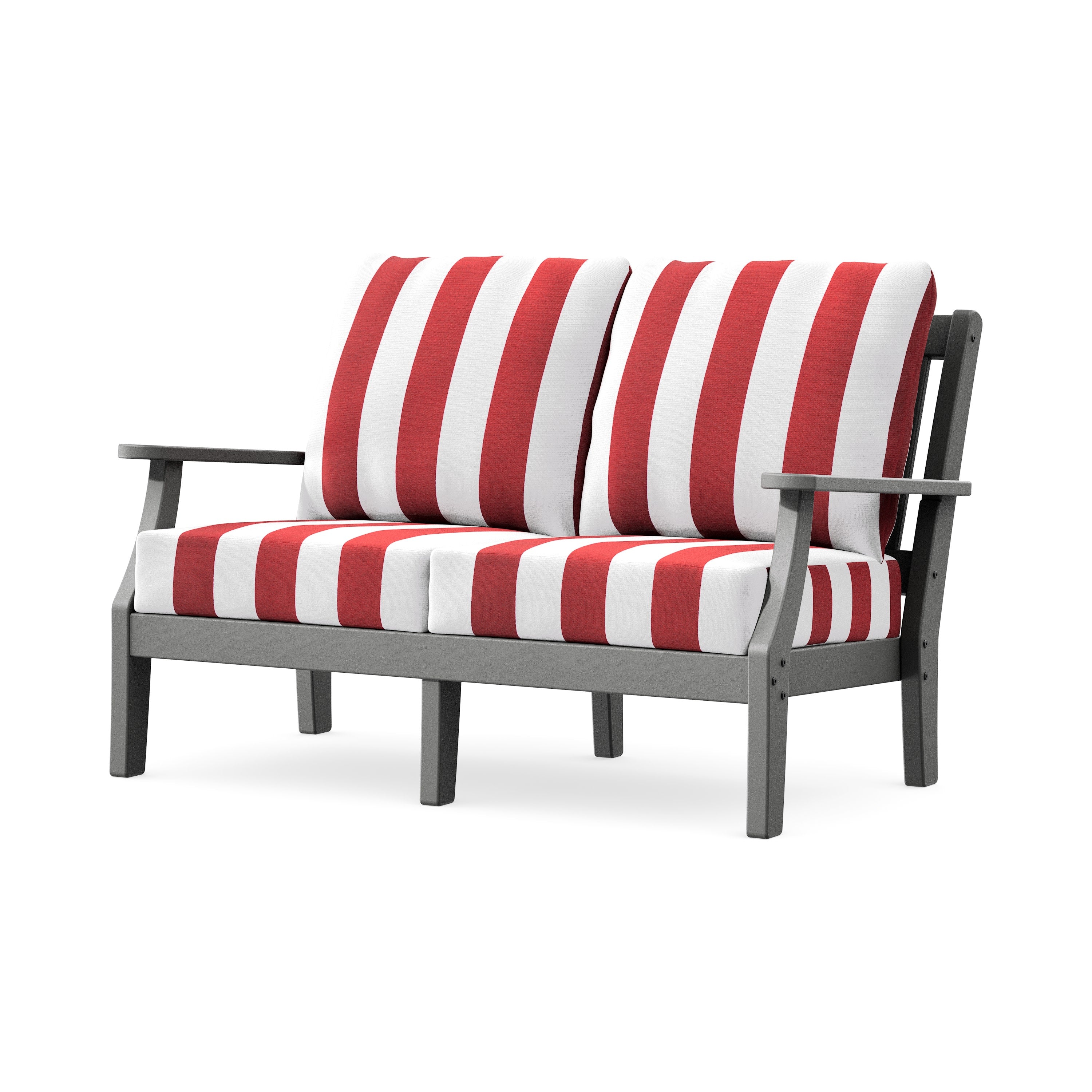 Chinoiserie Deep Seating Loveseat in Slate Grey / Cabana Stripe Crimson