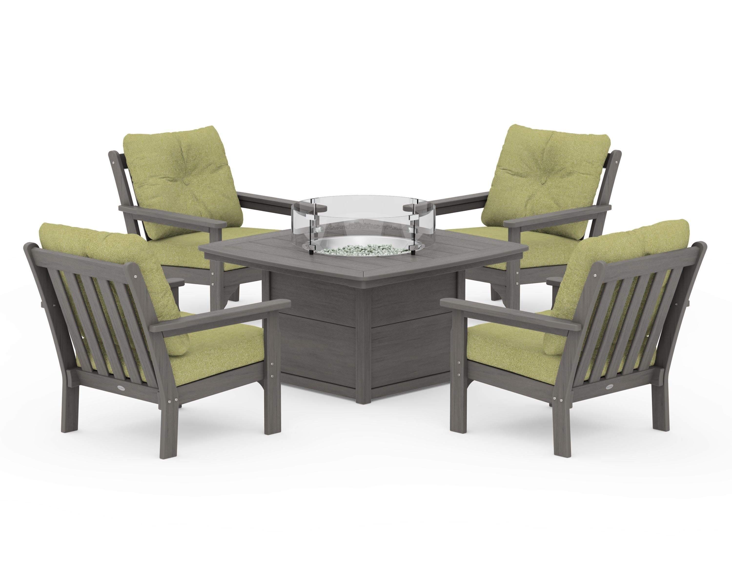 Vineyard 5-Piece Conversation Set with Fire Pit Table in Driftwood / Chartreuse Boucle