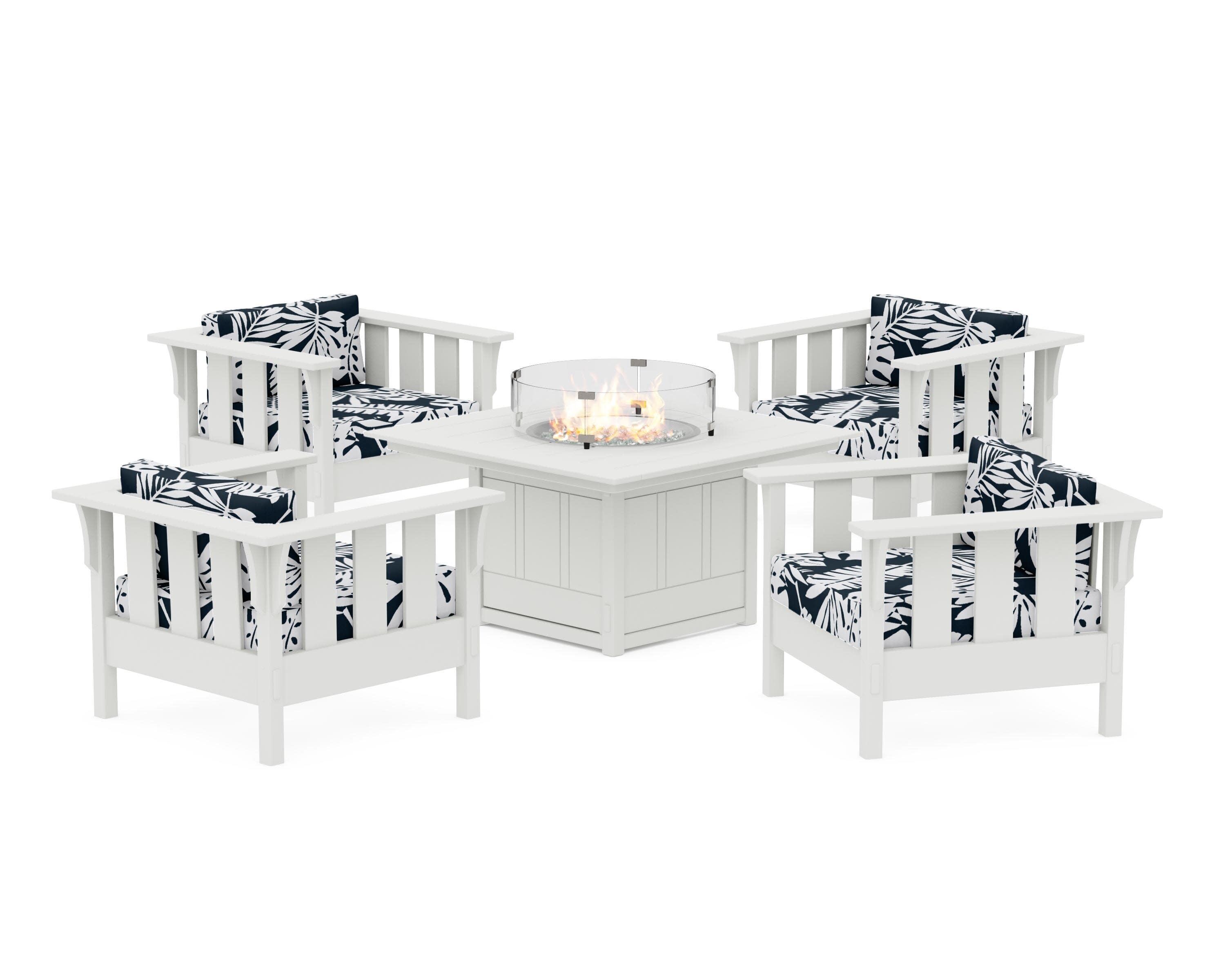 Acadia 5-Piece Deep Seating Set with Fire Pit Table in Vintage White / Leaf Marine Indigo