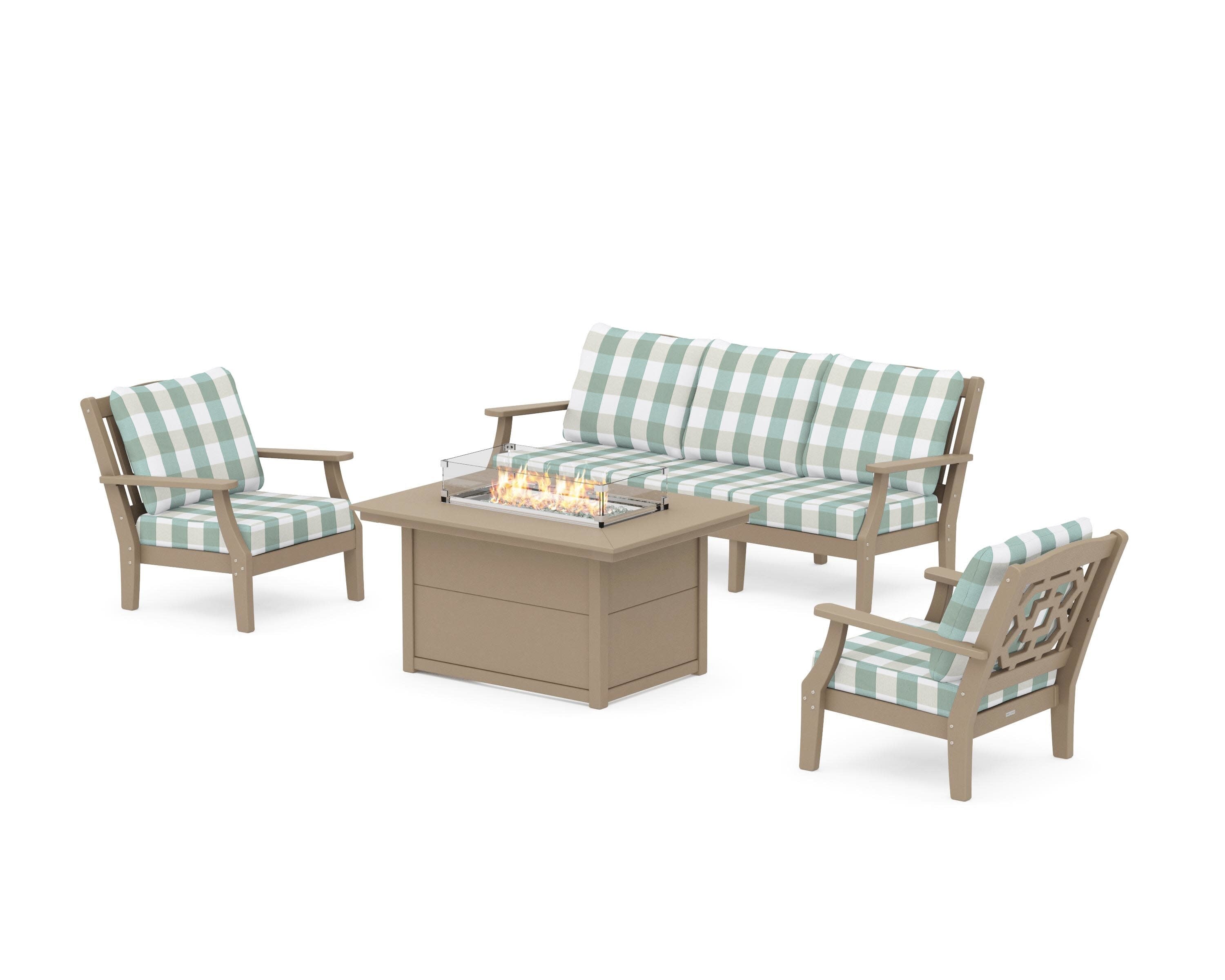 Chinoiserie Deep Seating Fire Pit Table Set in Vintage Sahara / Buffalo Plaid Glacier Spa