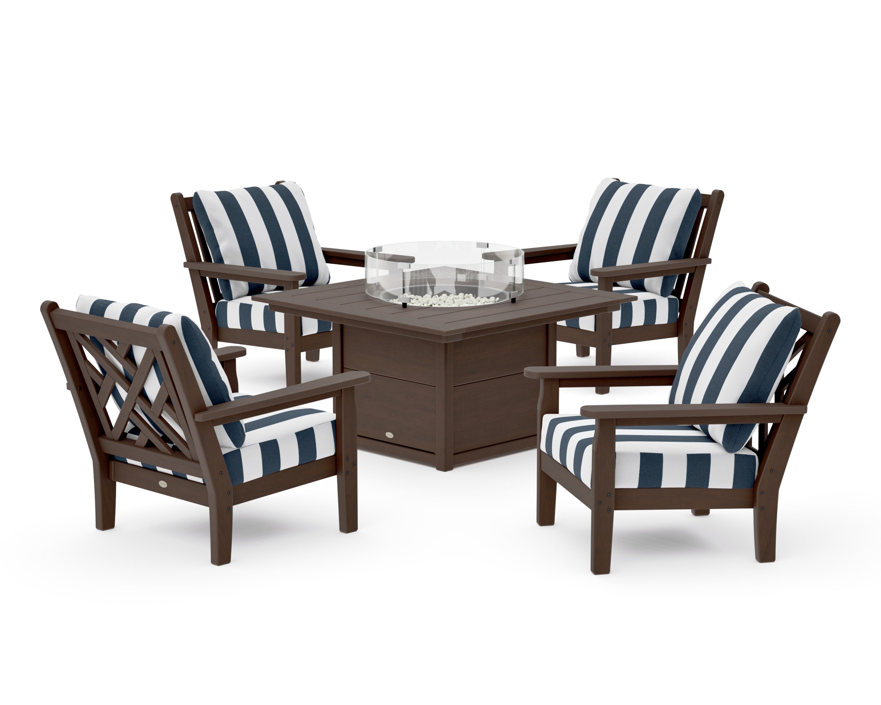 Chippendale 5-Piece Deep Seating Set with Fire Pit Table in Kona / Cabana Stripe Marine Indigo