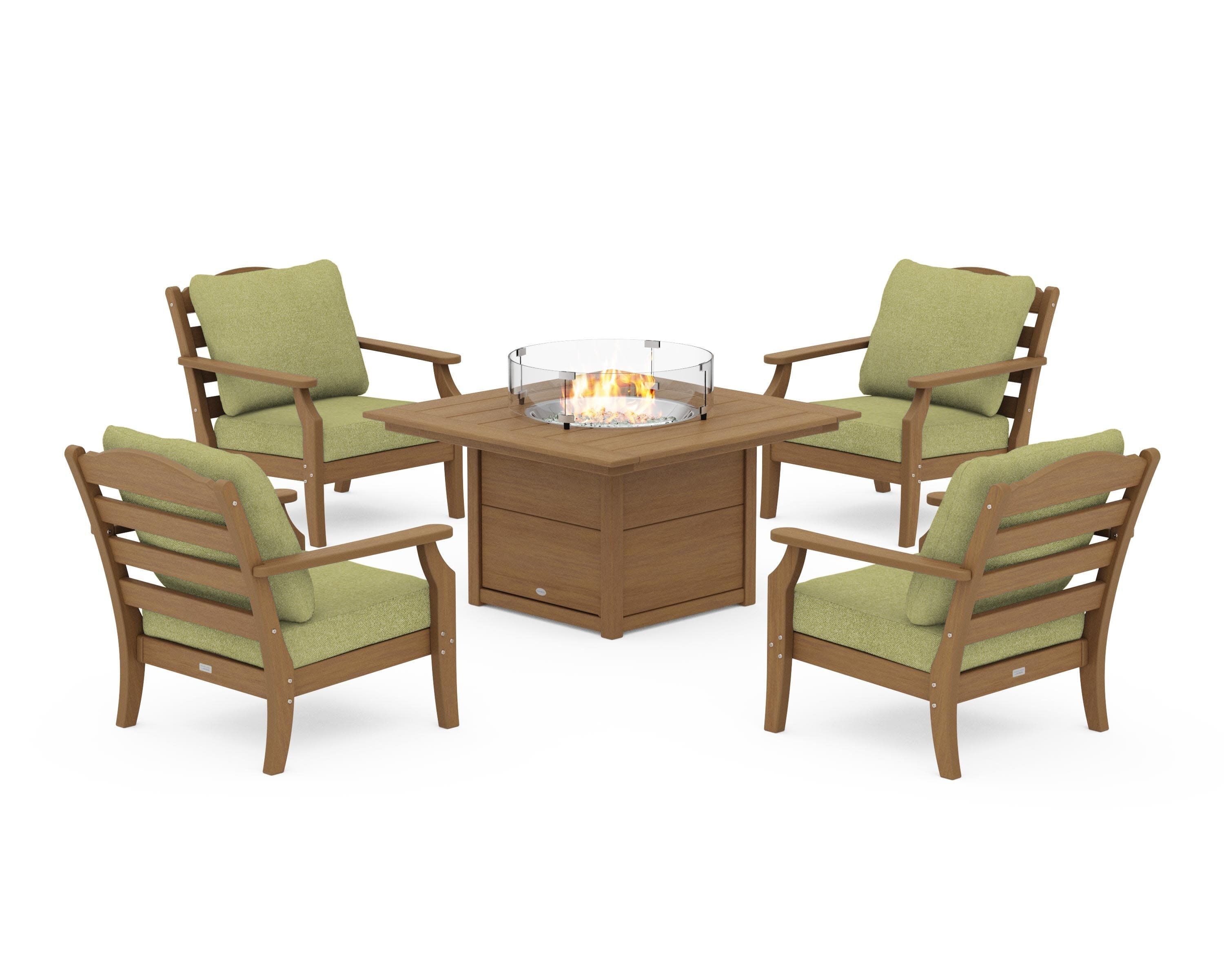 Savannah 5-Piece Deep Seating Set with Fire Pit Table in Natural / Chartreuse Boucle