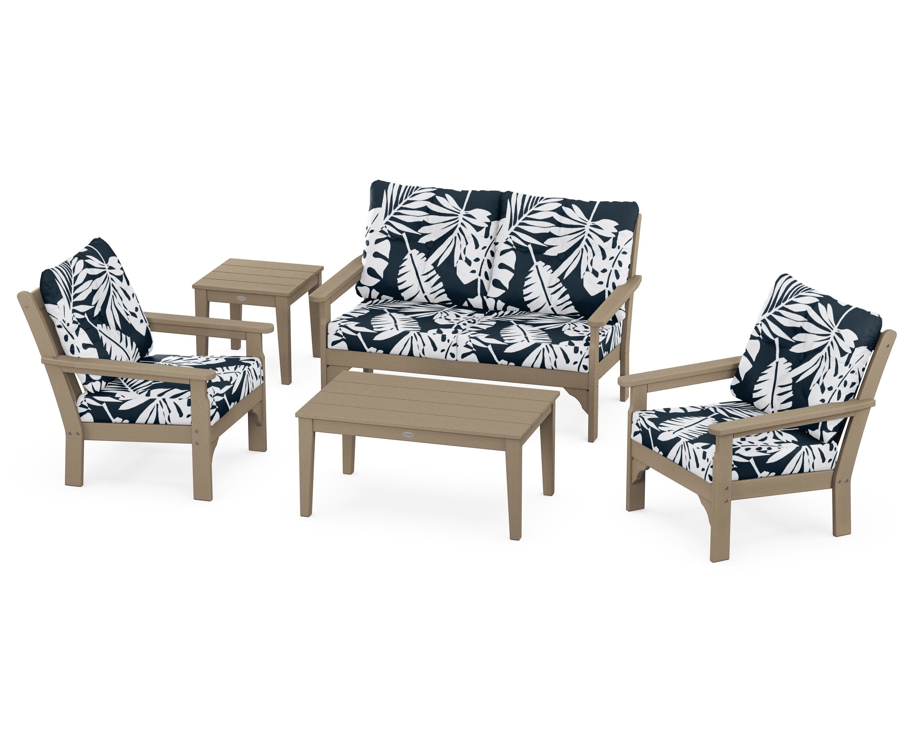 Vineyard 5-Piece Deep Seating Set in Vintage Sahara / Leaf Marine Indigo