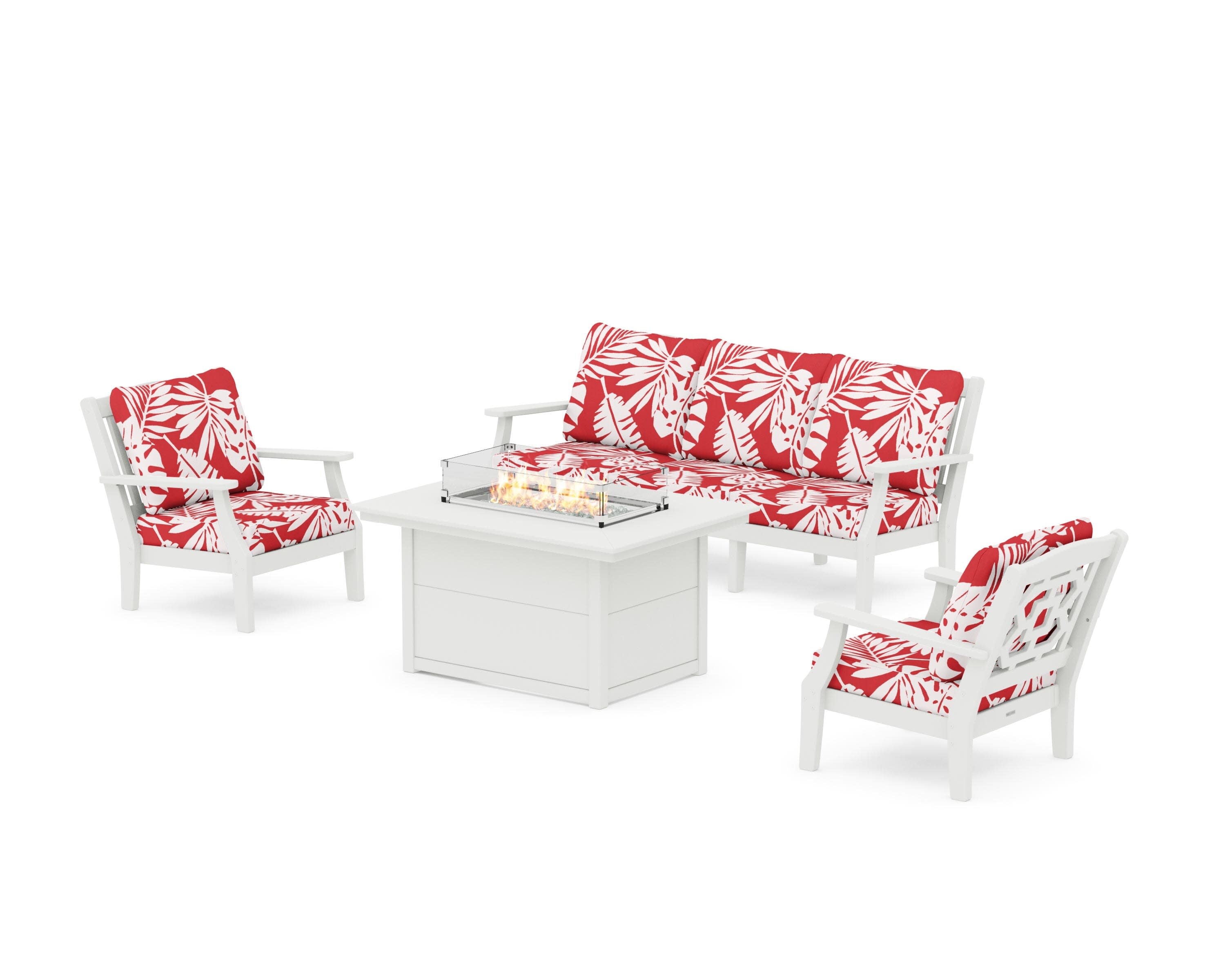 Chinoiserie Deep Seating Fire Pit Table Set in Vintage White / Leaf Crimson
