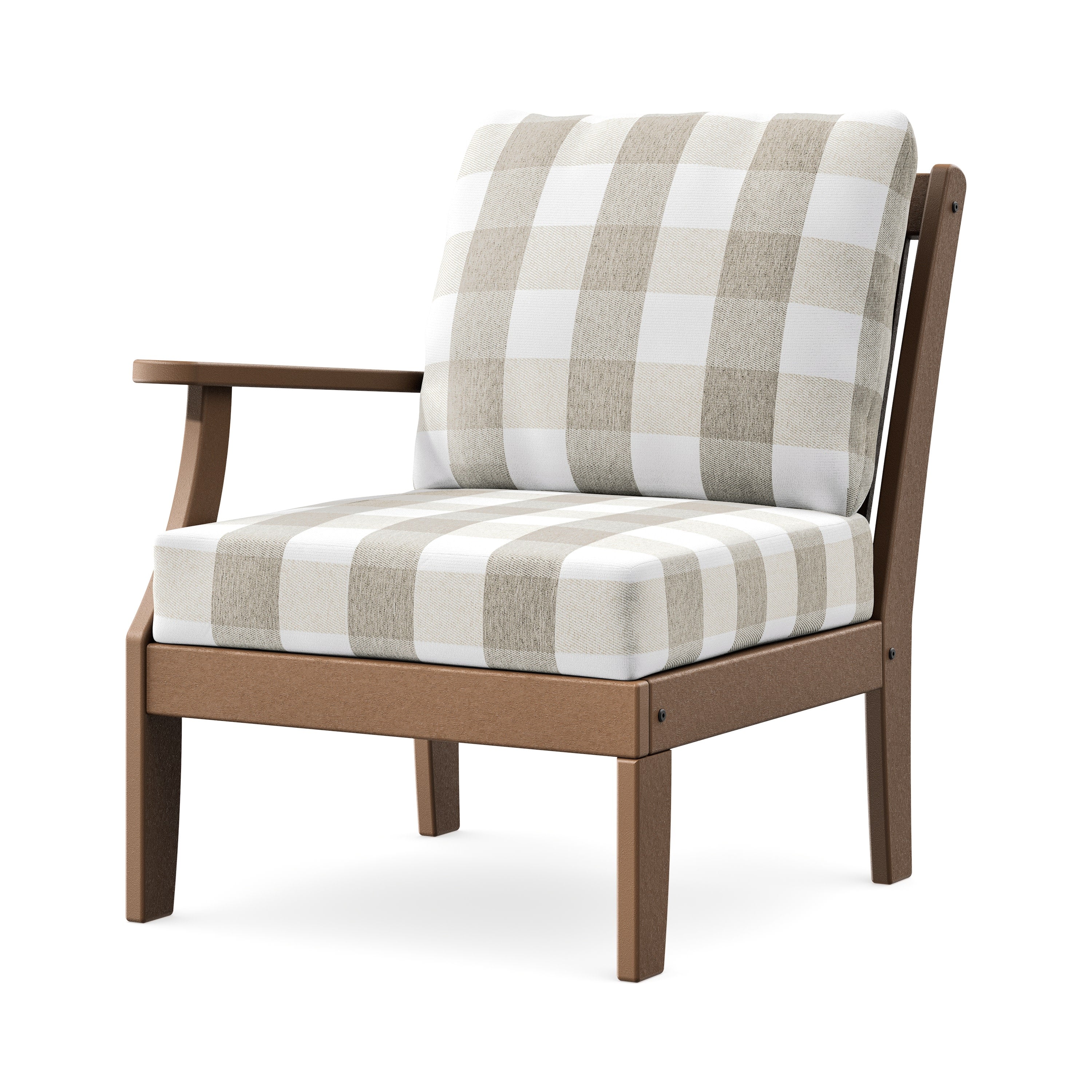 Braxton Modular Left Arm Chair in Teak / Buffalo Plaid Dune Burlap