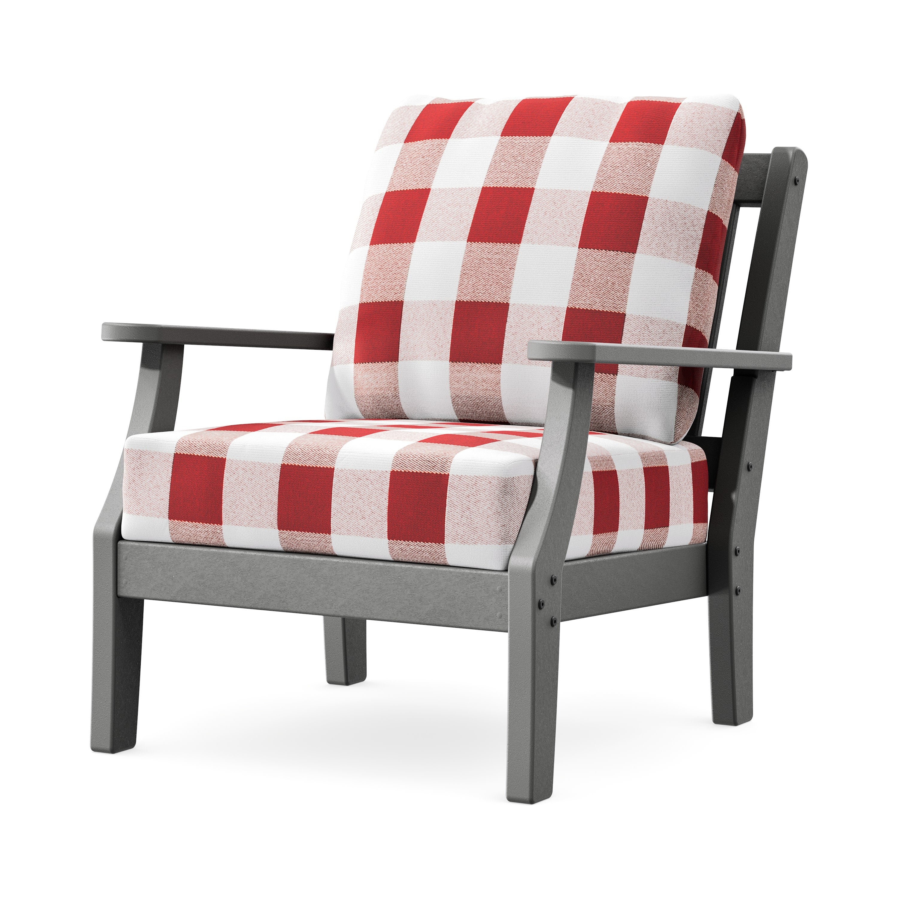Chinoiserie Deep Seating Chair in Slate Grey / Buffalo Plaid Crimson