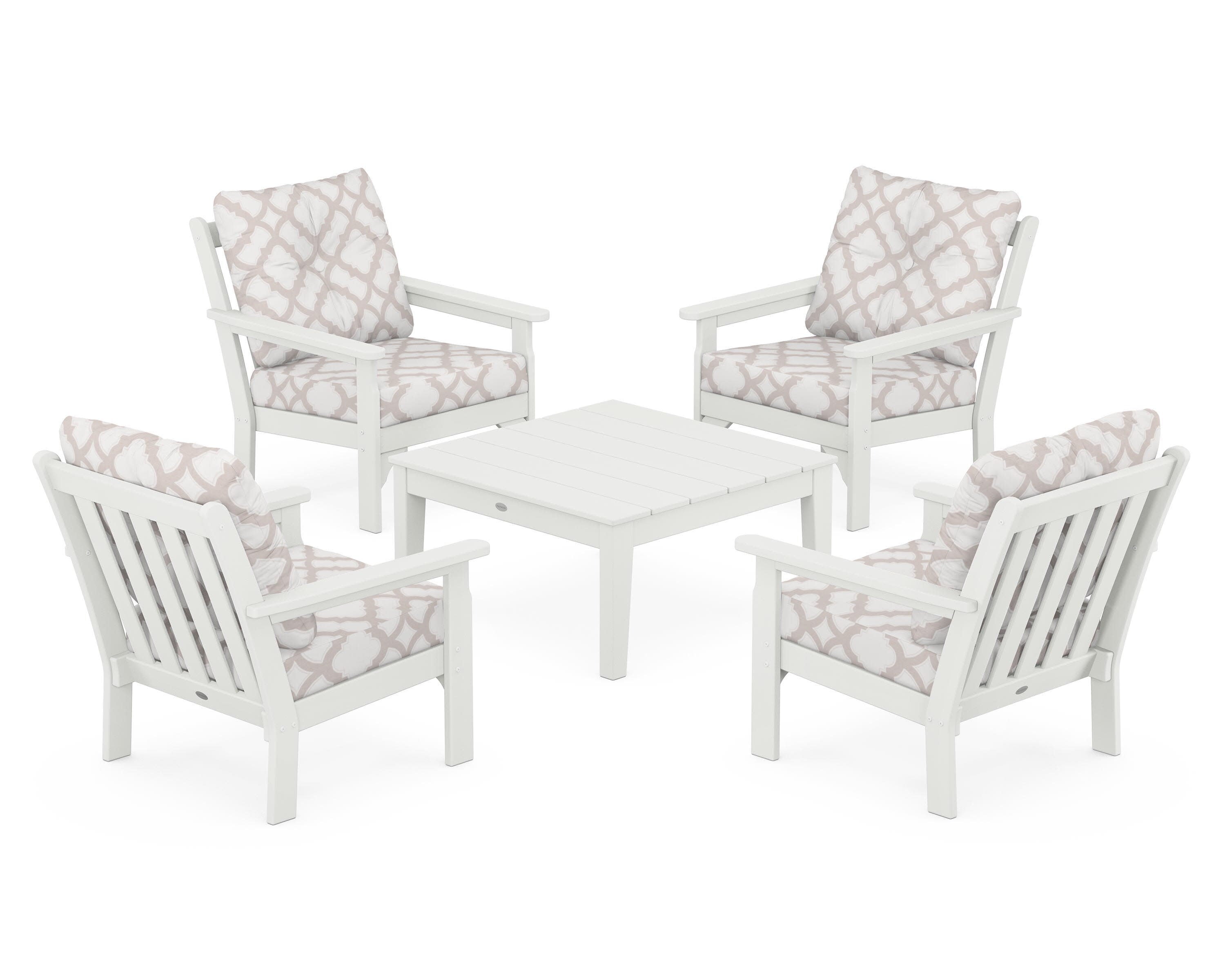 Vineyard 5-Piece Deep Seating Conversation Set in Vintage White / Trellis Dune Burlap