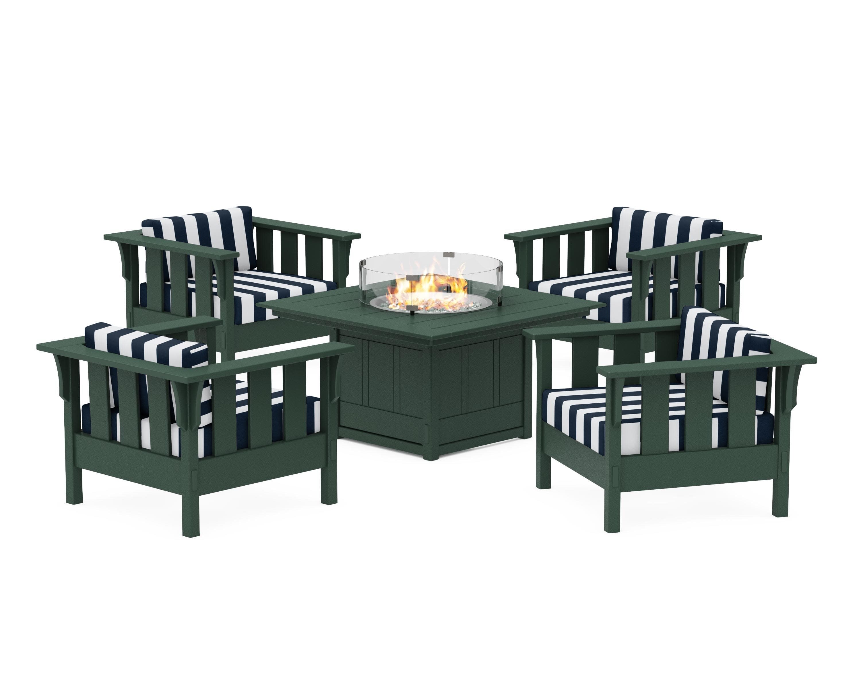 Acadia 5-Piece Deep Seating Set with Fire Pit Table in Green / Cabana Stripe Marine Indigo