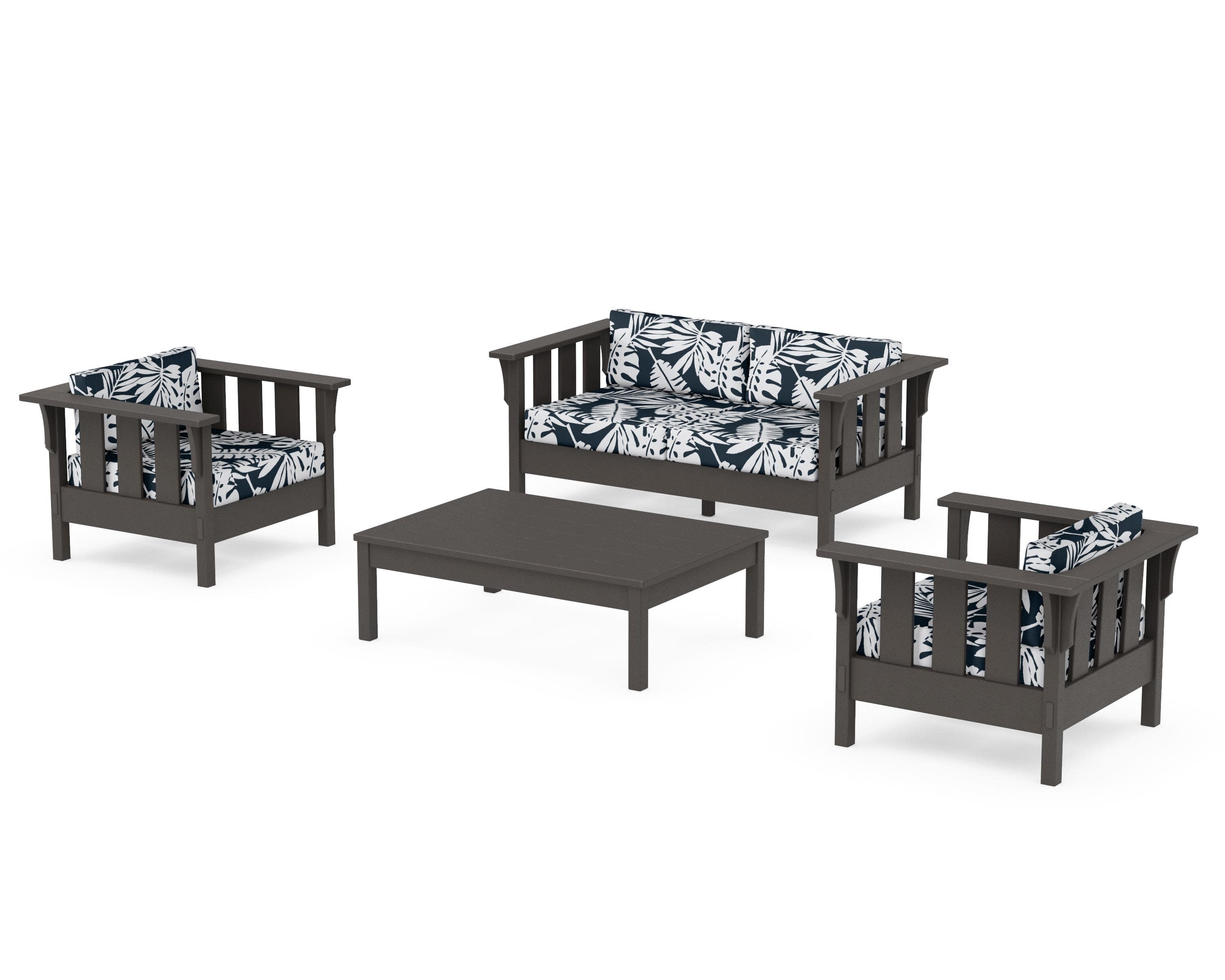 Acadia 4-Piece Deep Seating Set with Loveseat in Vintage Coffee / Leaf Marine Indigo