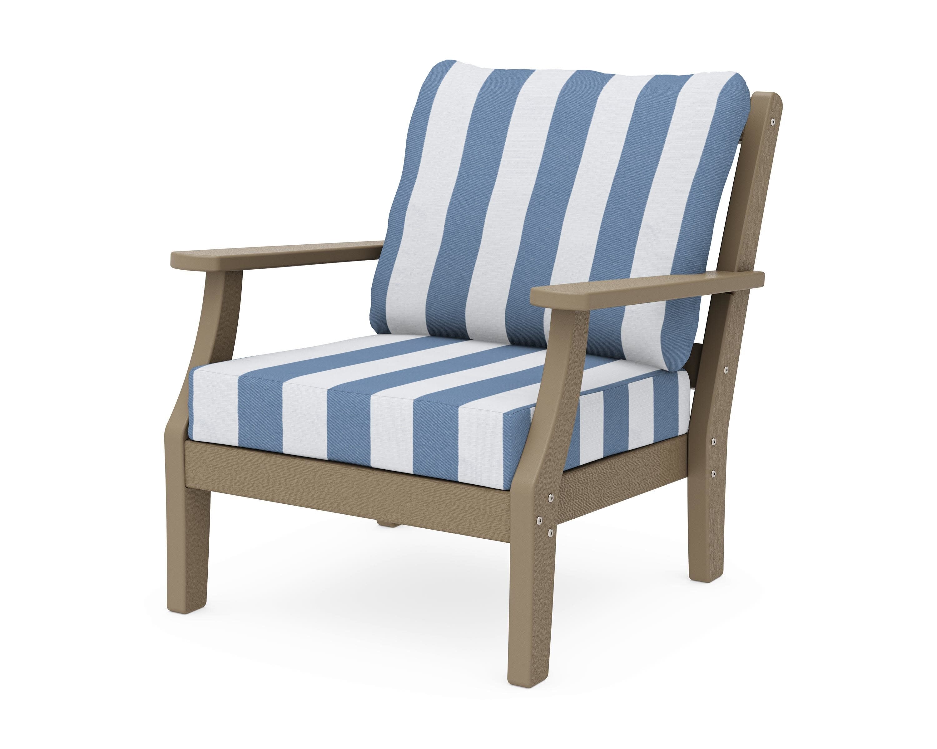 Chinoiserie Deep Seating Chair in Vintage Sahara / Cabana Stripe Sky Blue