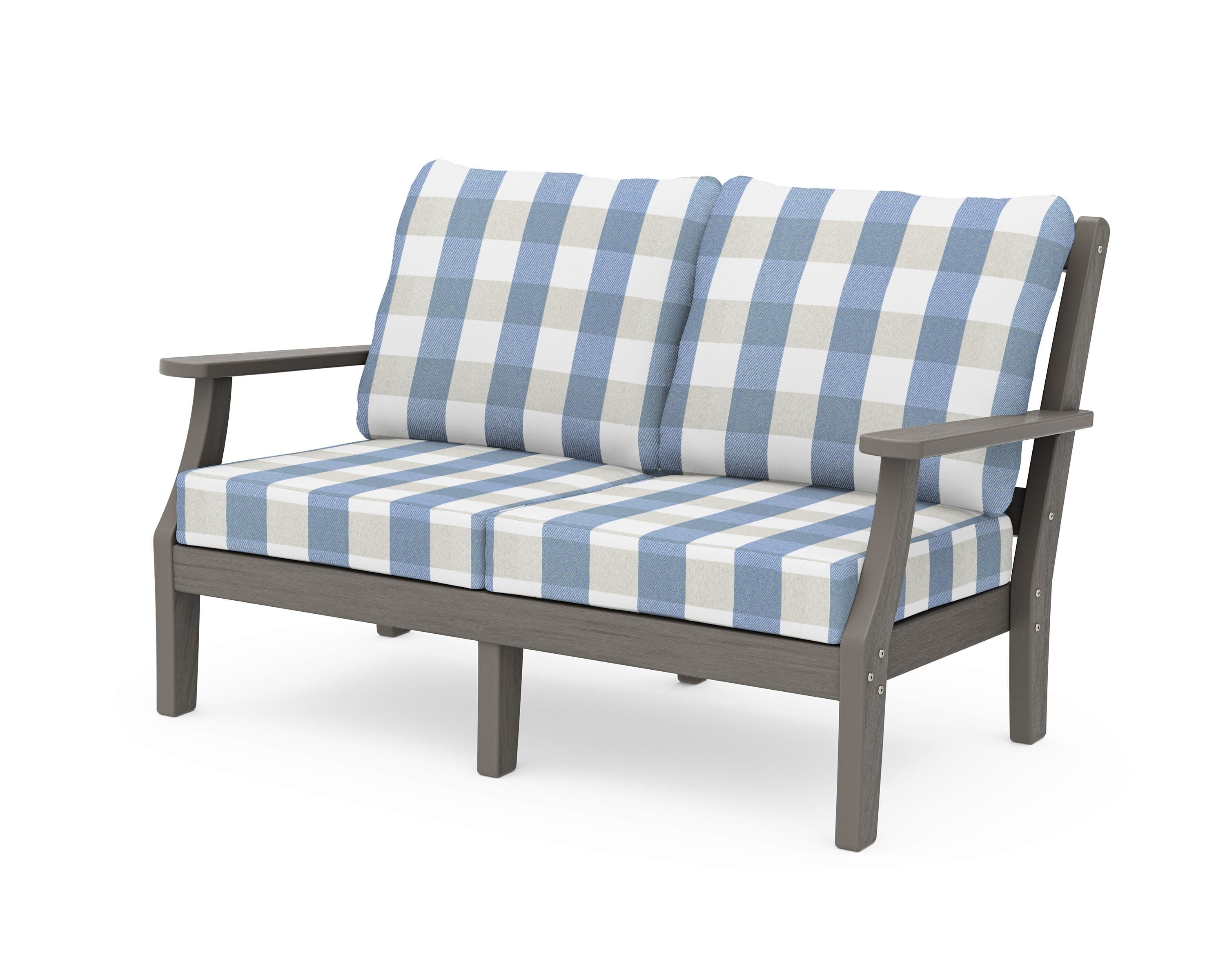 Chinoiserie Deep Seating Loveseat in Driftwood / Buffalo Plaid Sky Blue