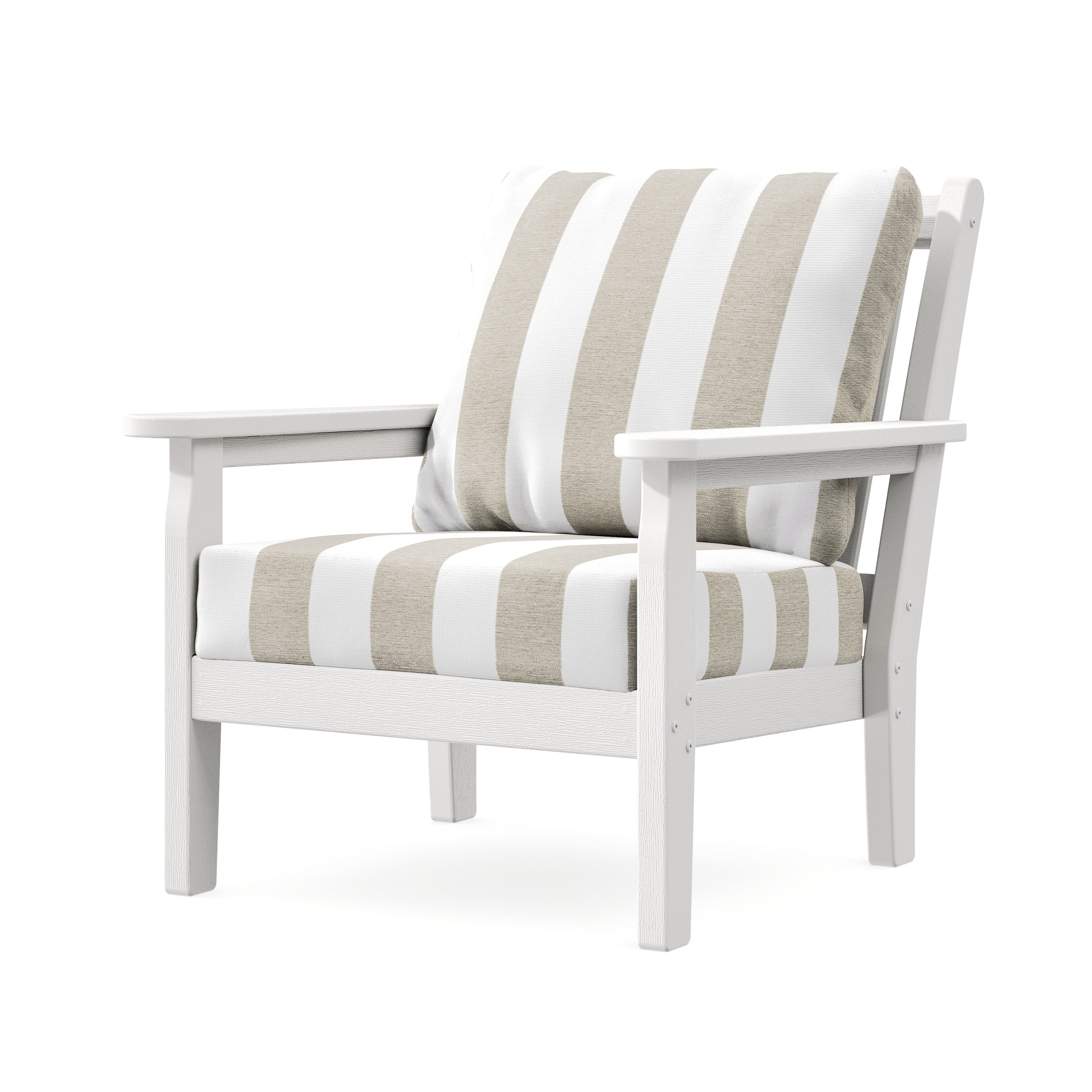 Chippendale Deep Seating Chair in Vintage White / Cabana Stripe Dune Burlap