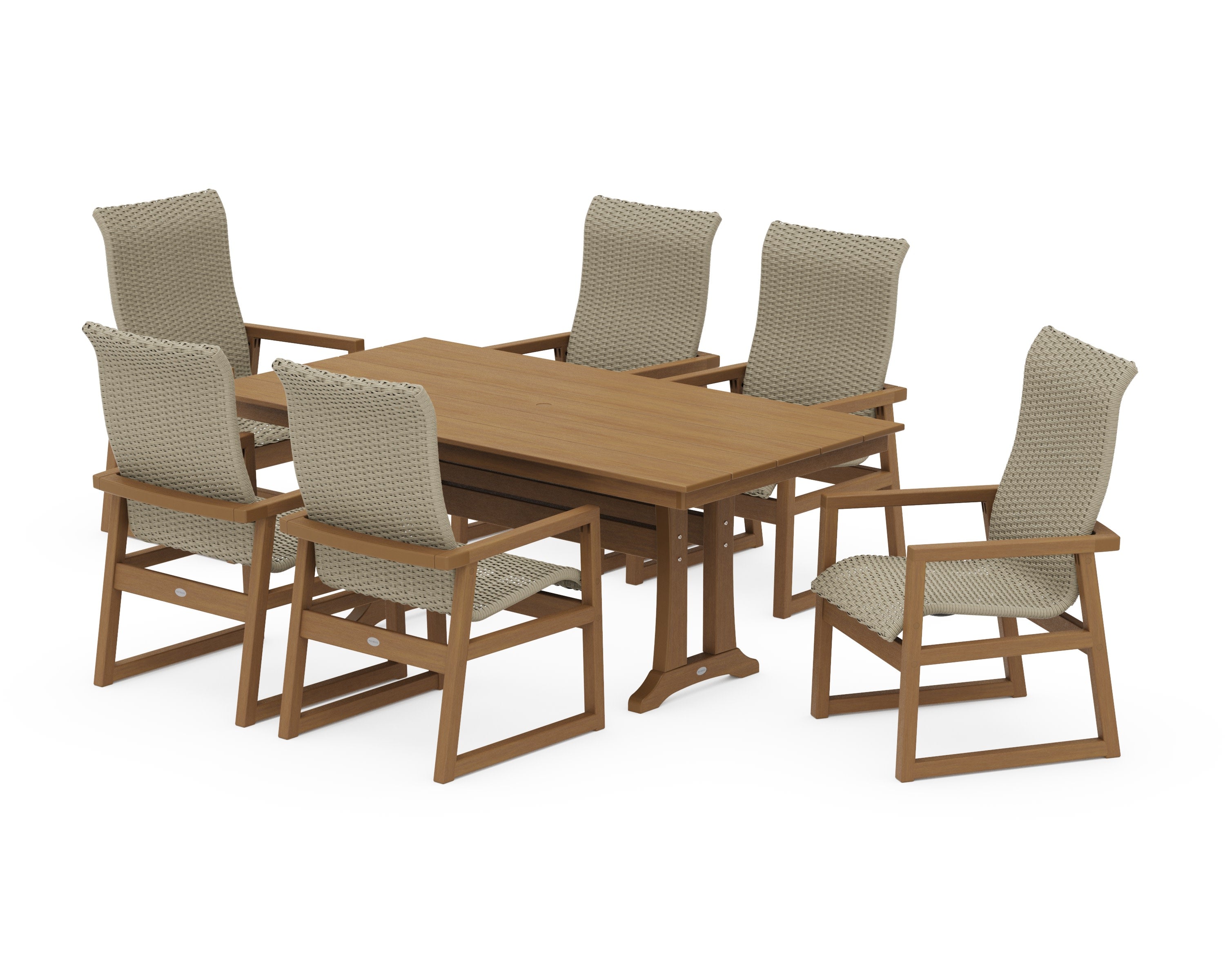 EDGE Woven Highback Arm Chair 7-Piece Farmhouse Dining Set with Trestle Legs in Natural / Dune Grass