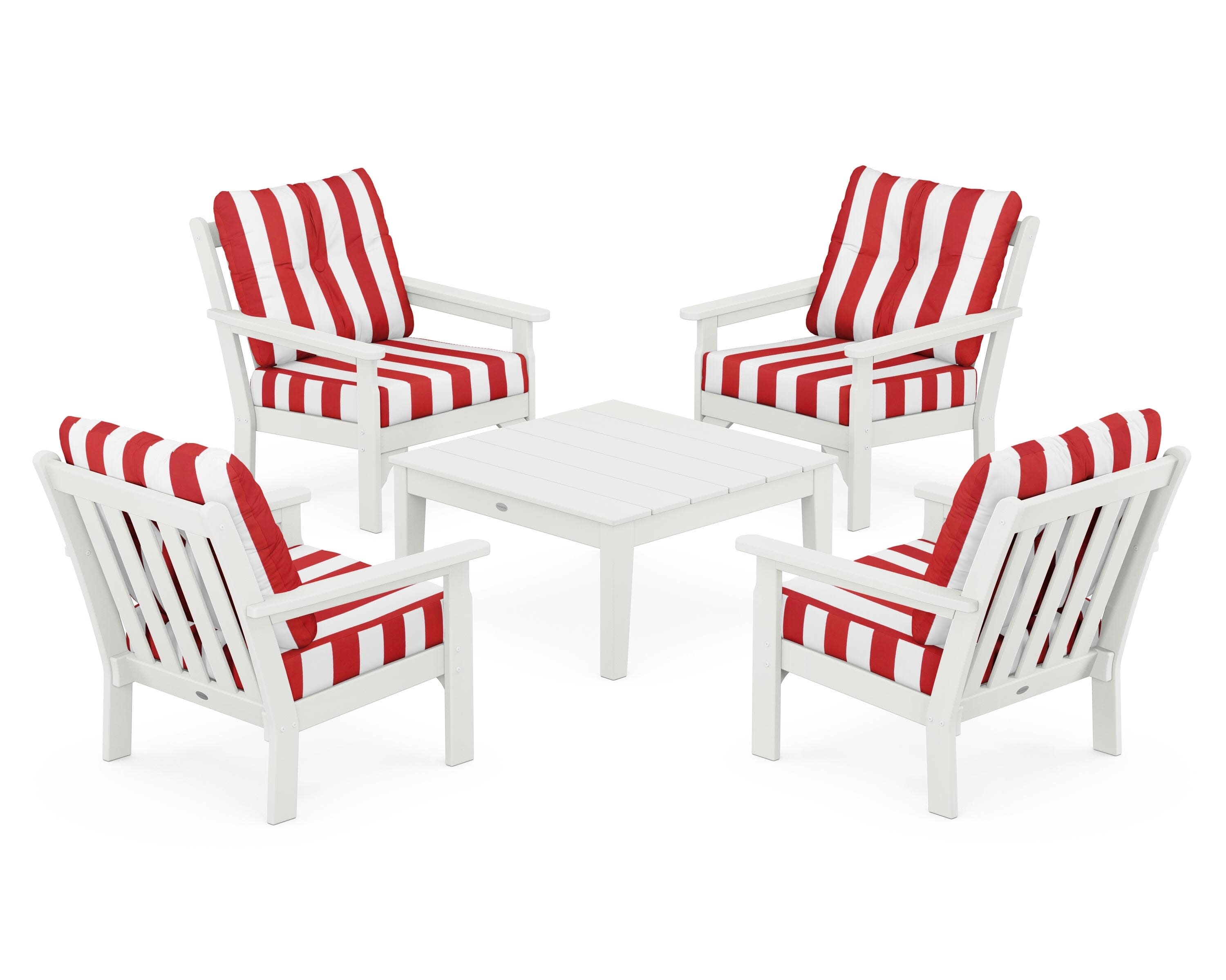Vineyard 5-Piece Deep Seating Conversation Set in Vintage White / Cabana Stripe Crimson