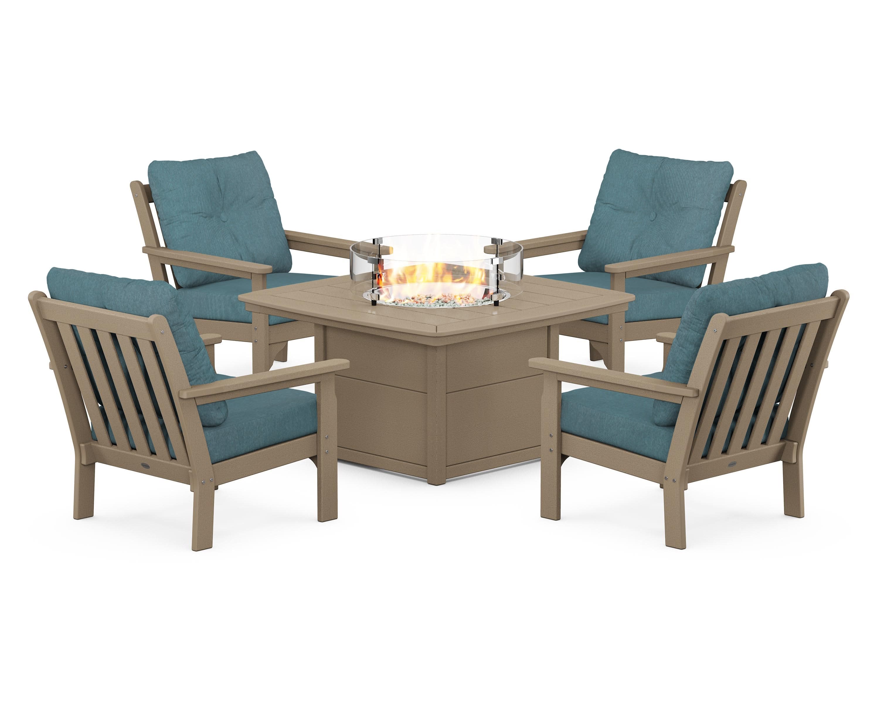 Vineyard 5-Piece Conversation Set with Fire Pit Table in Vintage Sahara / Ocean Teal