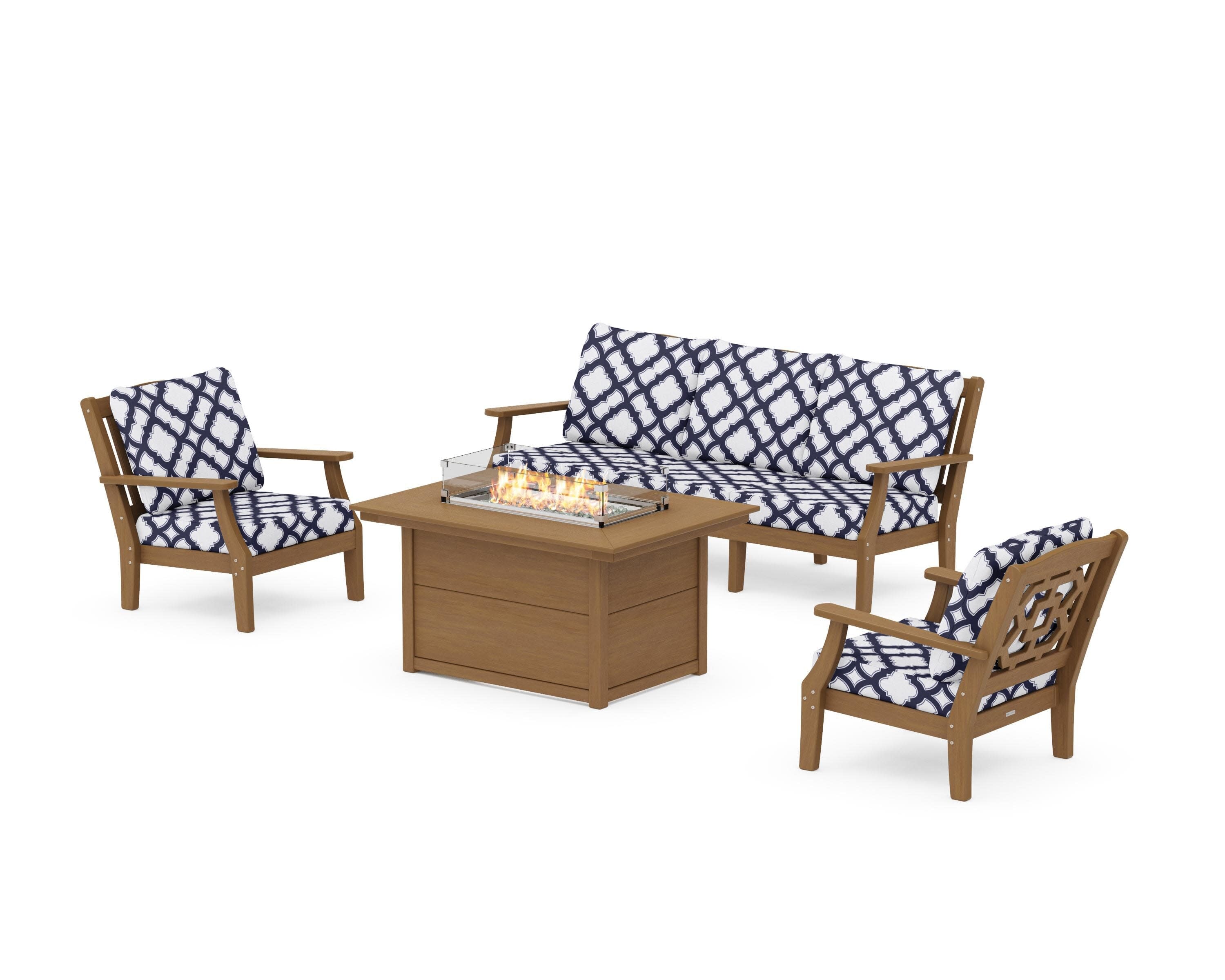 Chinoiserie Deep Seating Fire Pit Table Set in Natural / Trellis Navy