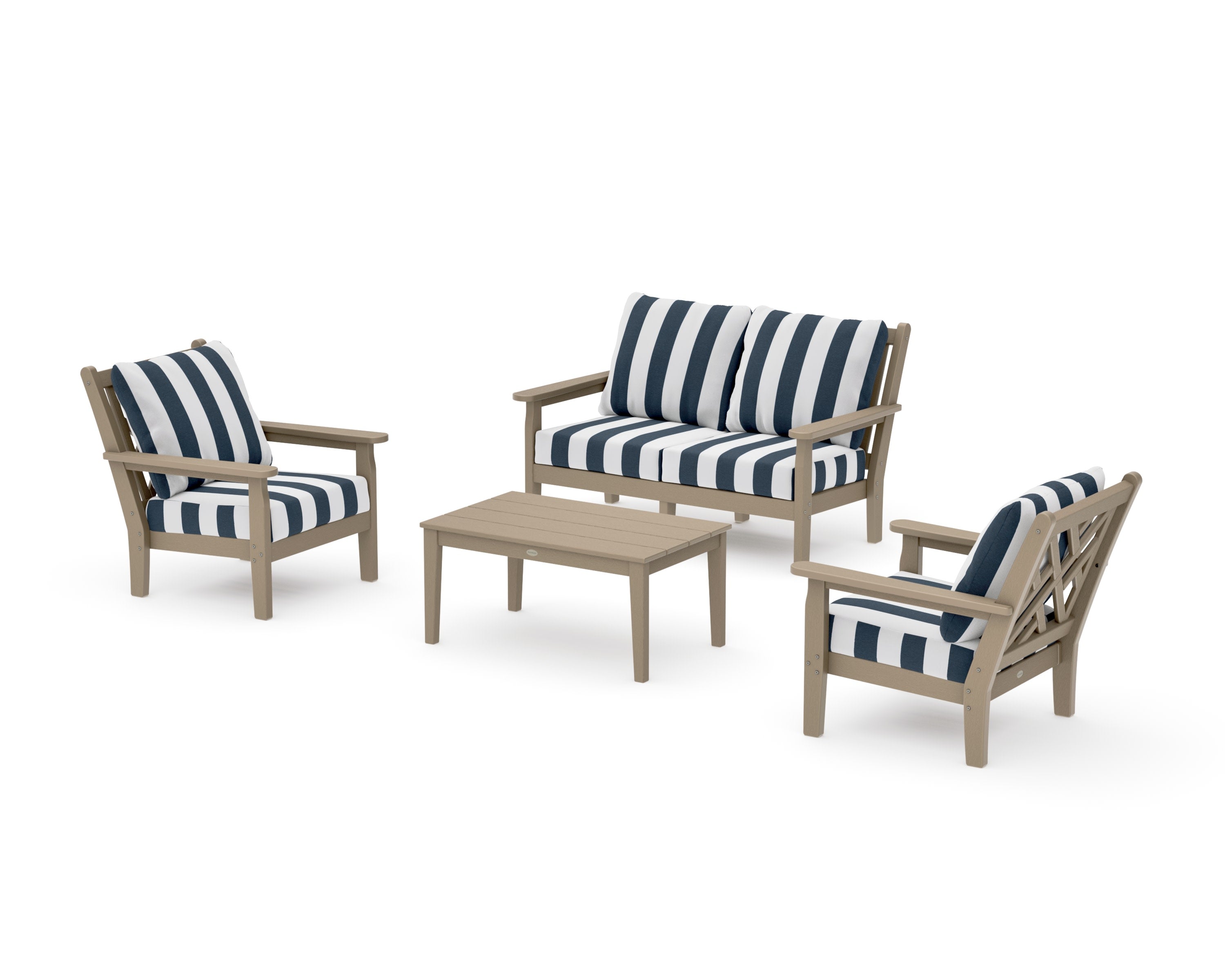 Chippendale 4-Piece Deep Seating Set with Loveseat in Vintage Sahara / Cabana Stripe Marine Indigo