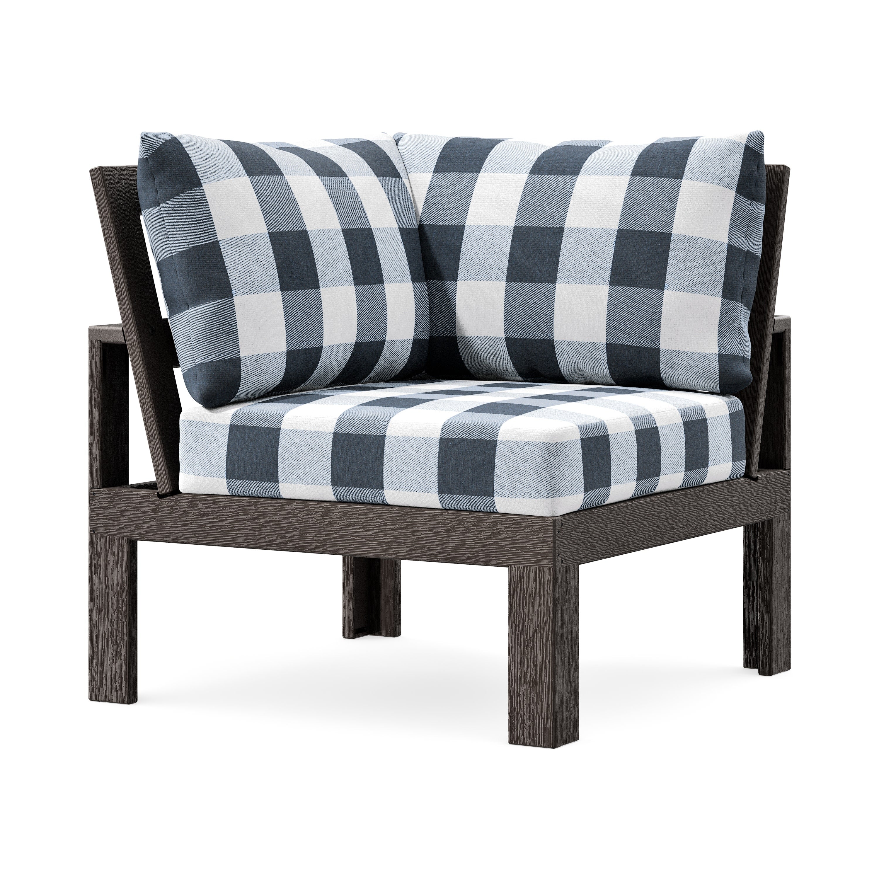 Modular Corner Chair in Vintage Coffee / Buffalo Plaid Marine Indigo