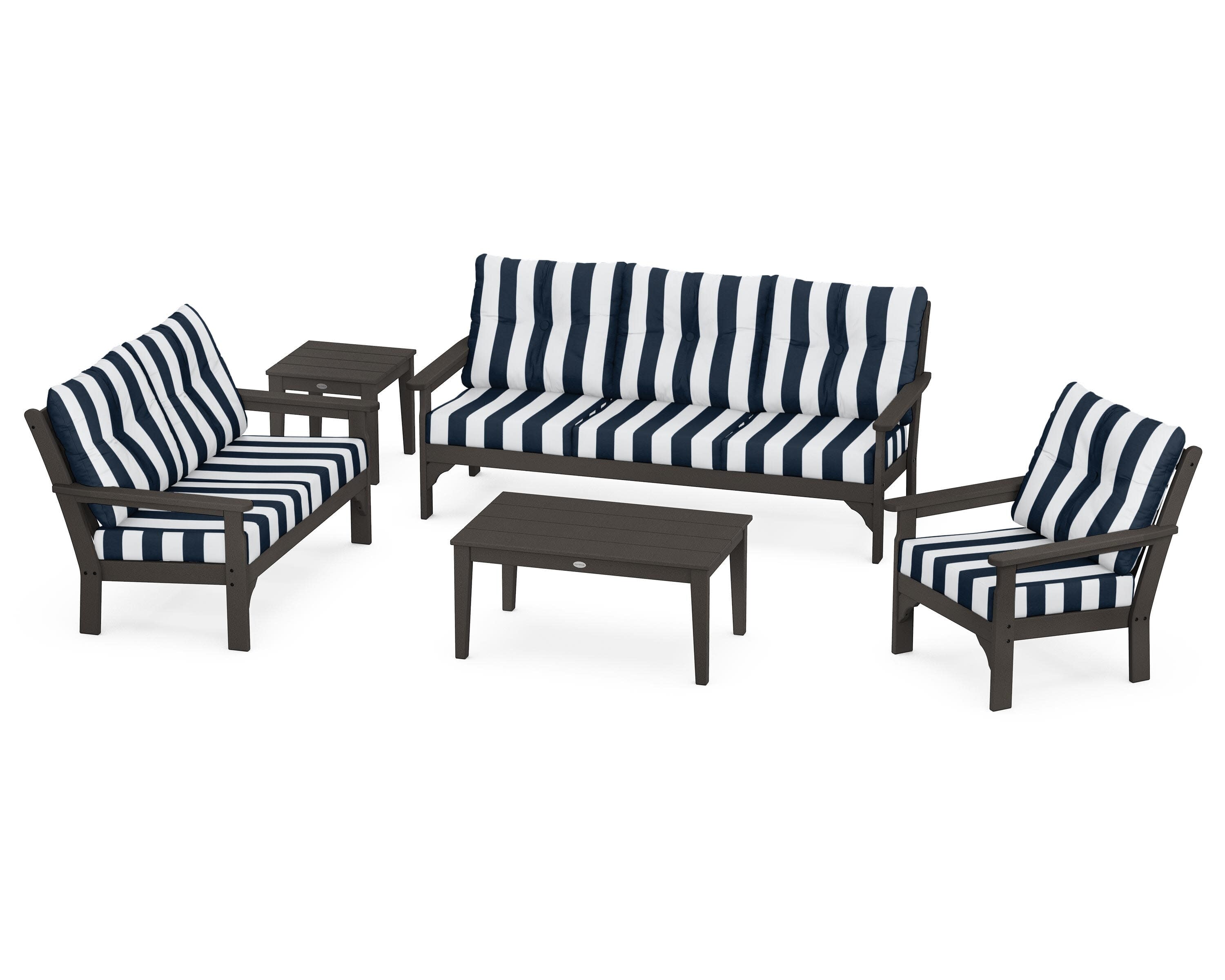 Vineyard 5 Piece Deep Seating Set in Vintage Coffee / Cabana Stripe Marine Indigo
