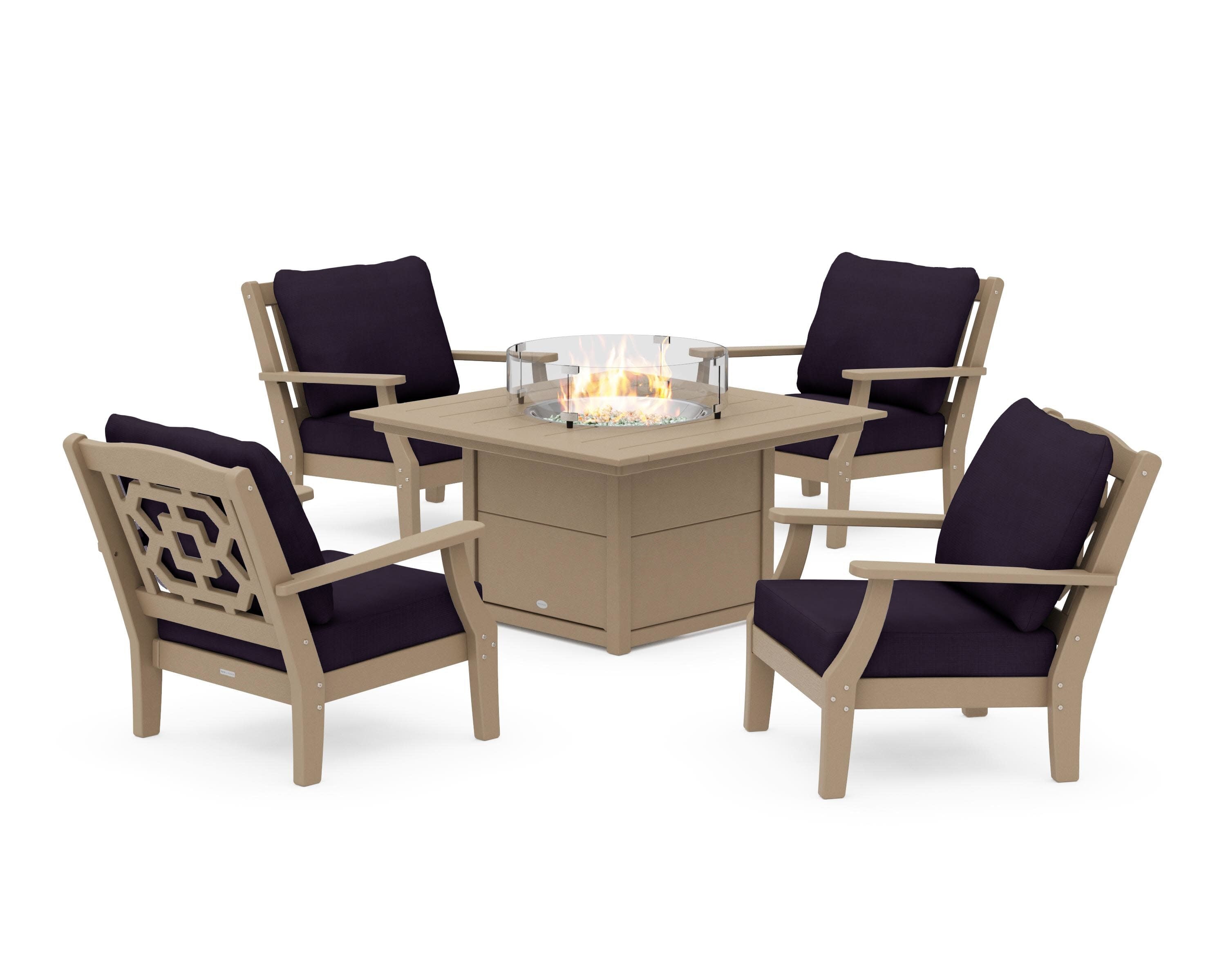 Chinoiserie 5-Piece Deep Seating Set with Fire Pit Table in Vintage Sahara / Navy Linen
