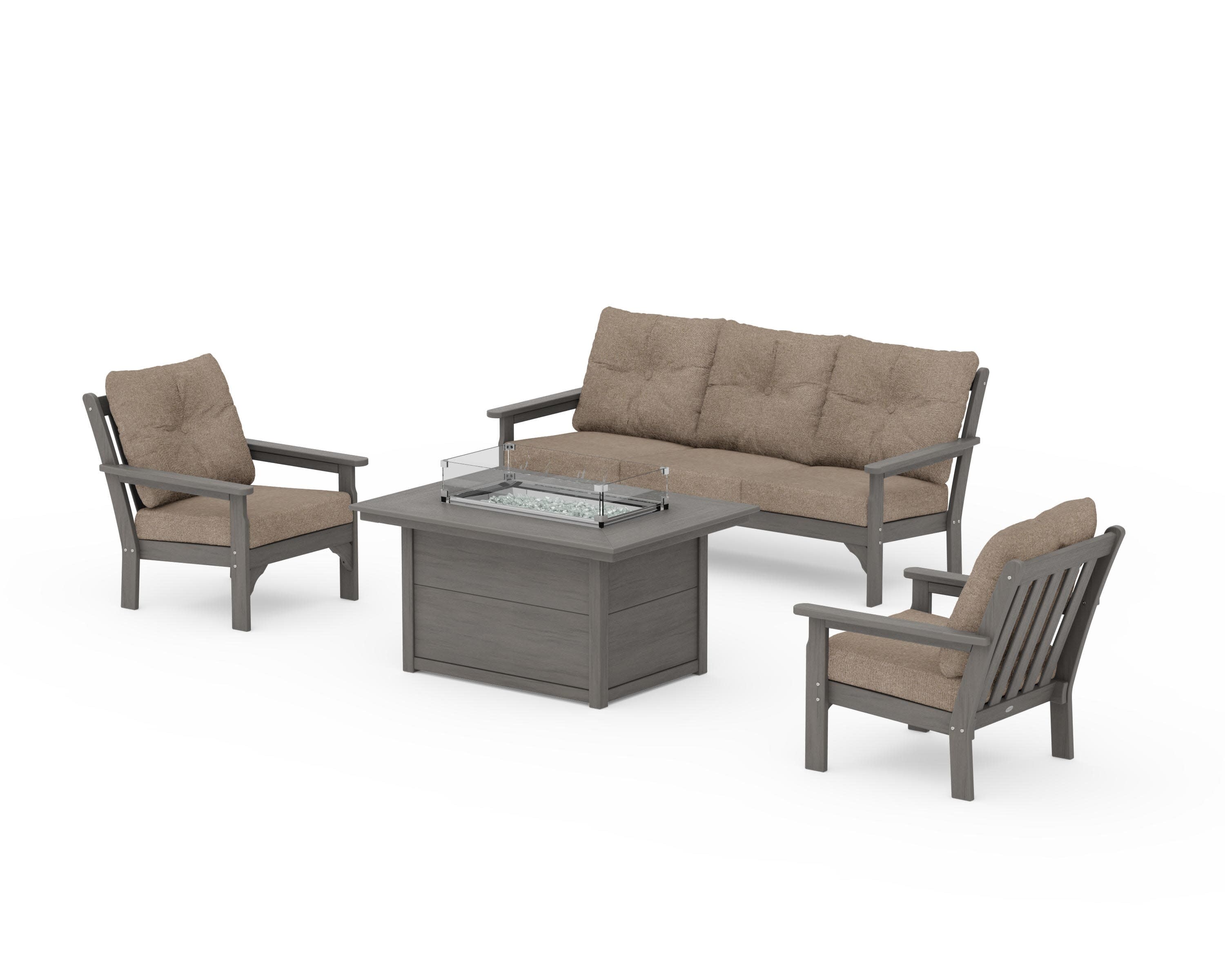 Vineyard Deep Seating Fire Pit Table Set in Driftwood / Spiced Burlap