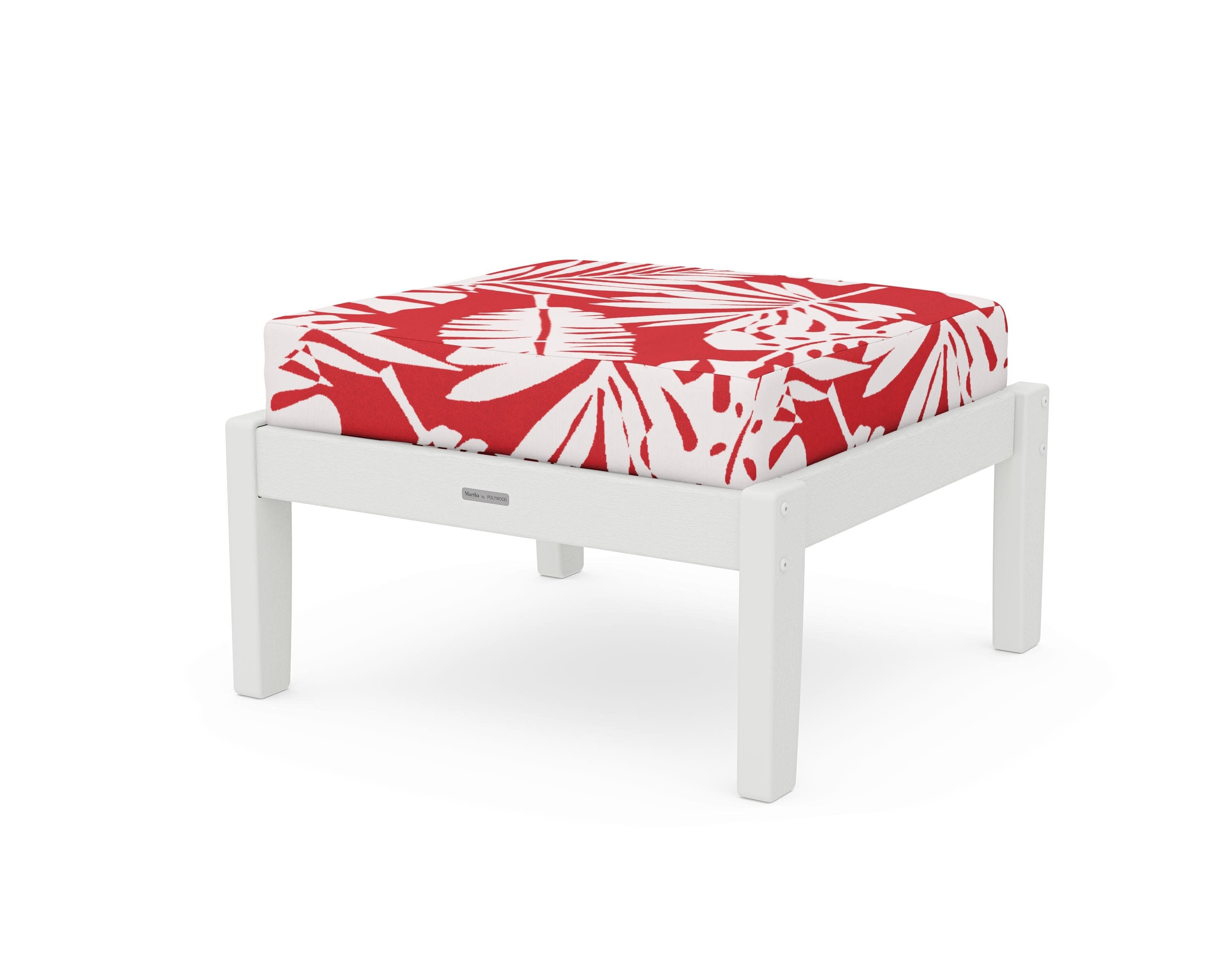 Chinoiserie Deep Seating Ottoman in Vintage White / Leaf Crimson