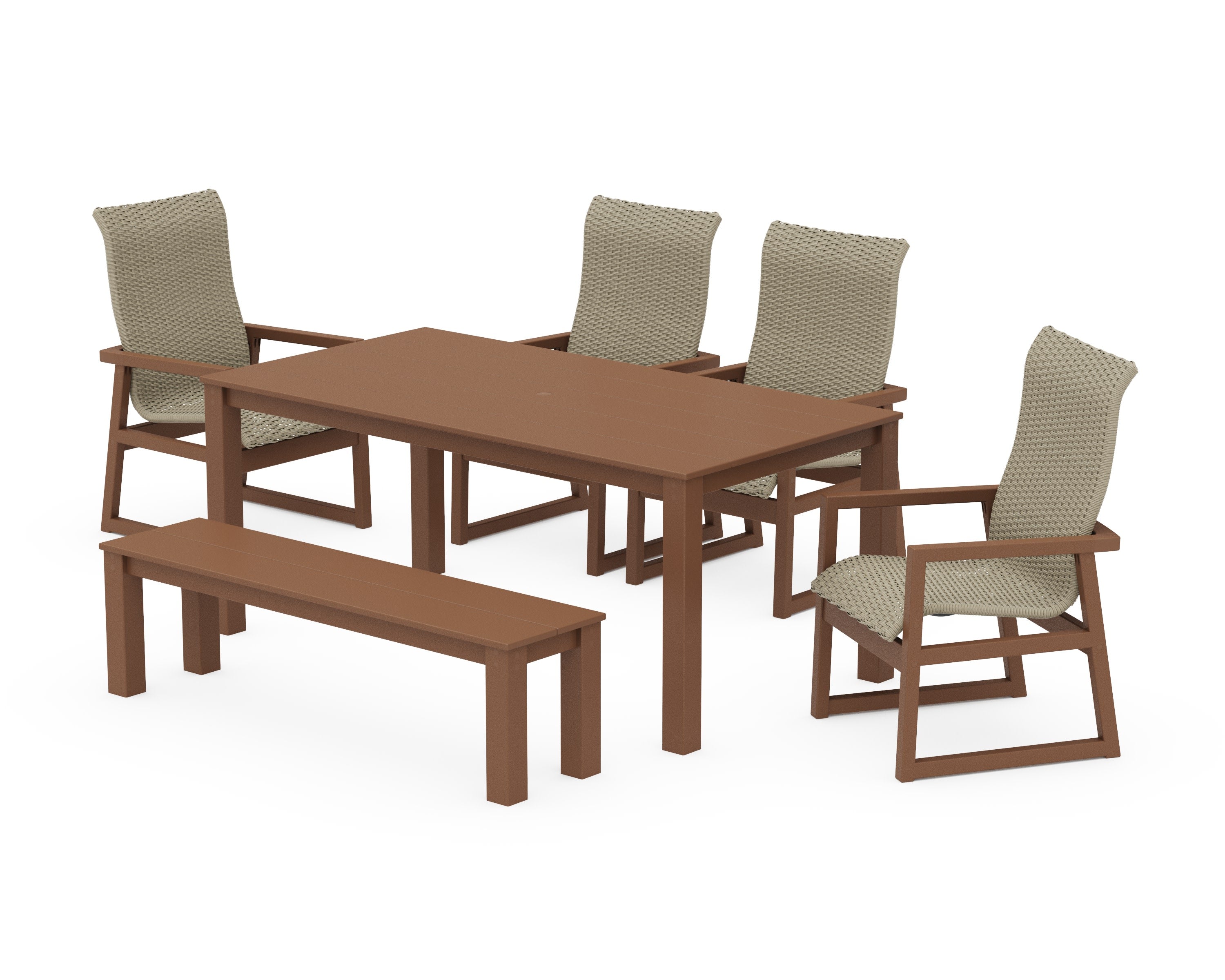 EDGE Woven Highback 6-Piece Parsons Dining Set with Bench in Teak / Dune Grass