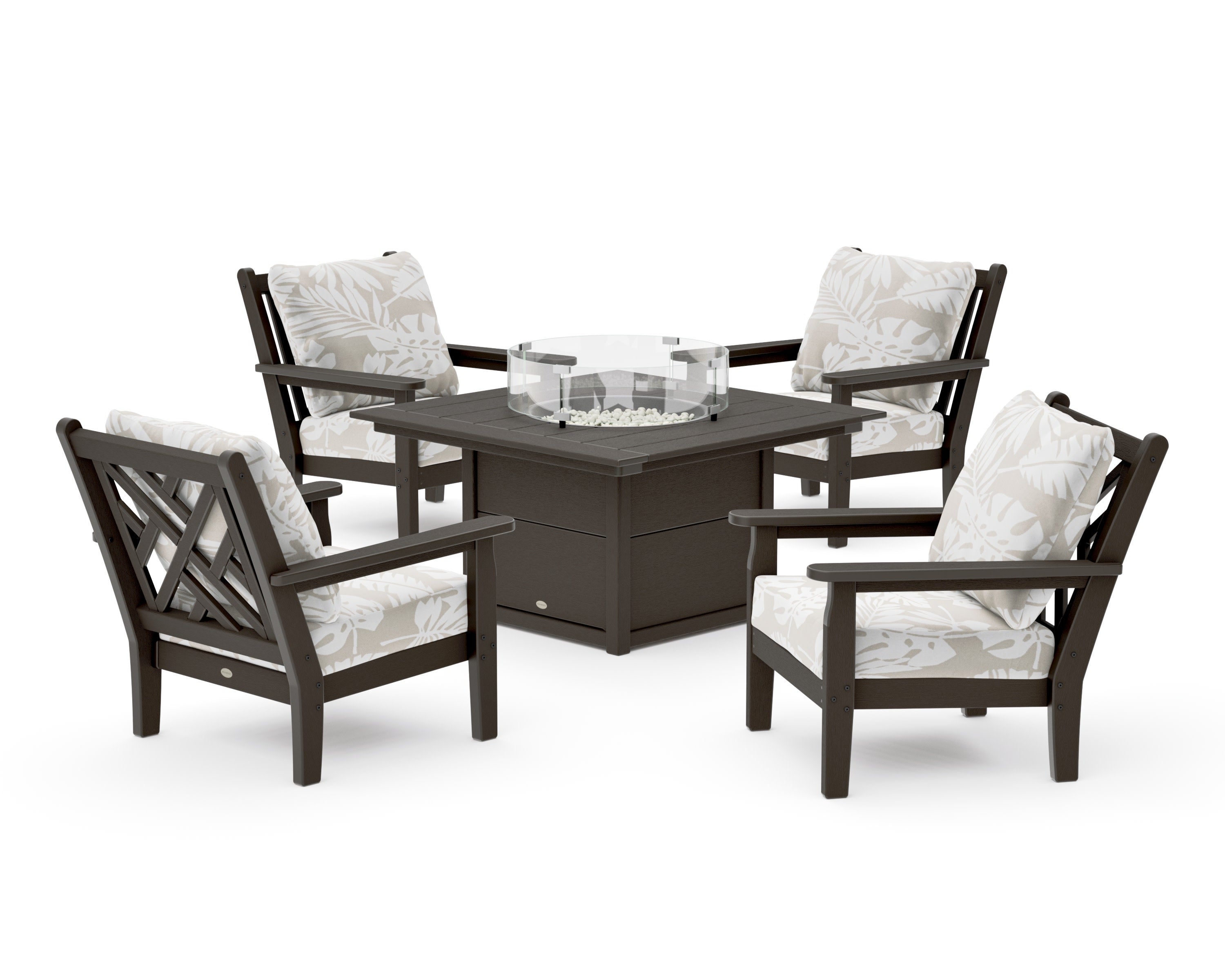 Chippendale 5-Piece Deep Seating Set with Fire Pit Table in Vintage Coffee / Leaf Dune Burlap