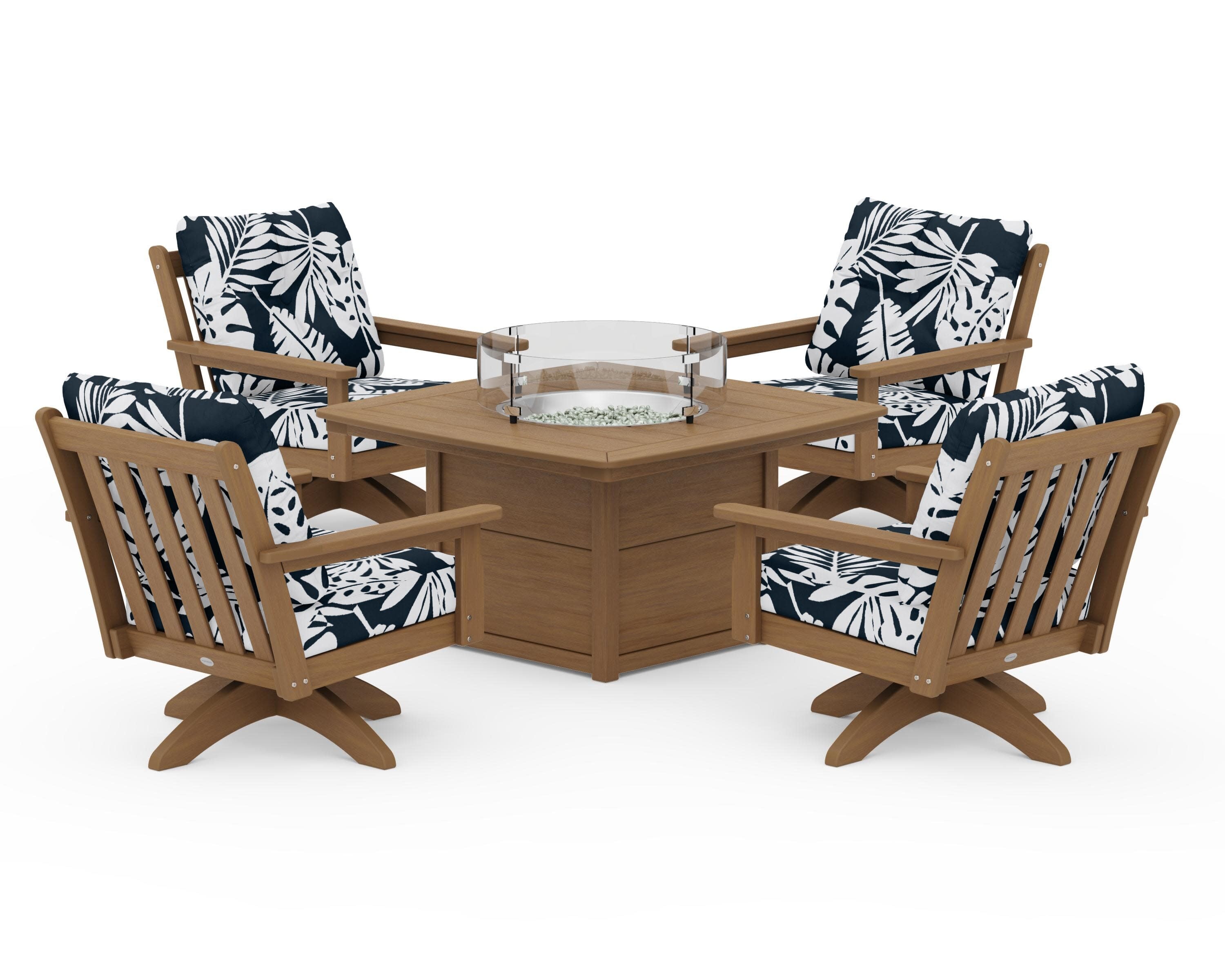 Vineyard 5-Piece Deep Seating Swivel Conversation Set with Fire Pit Table in Natural / Leaf Marine Indigo