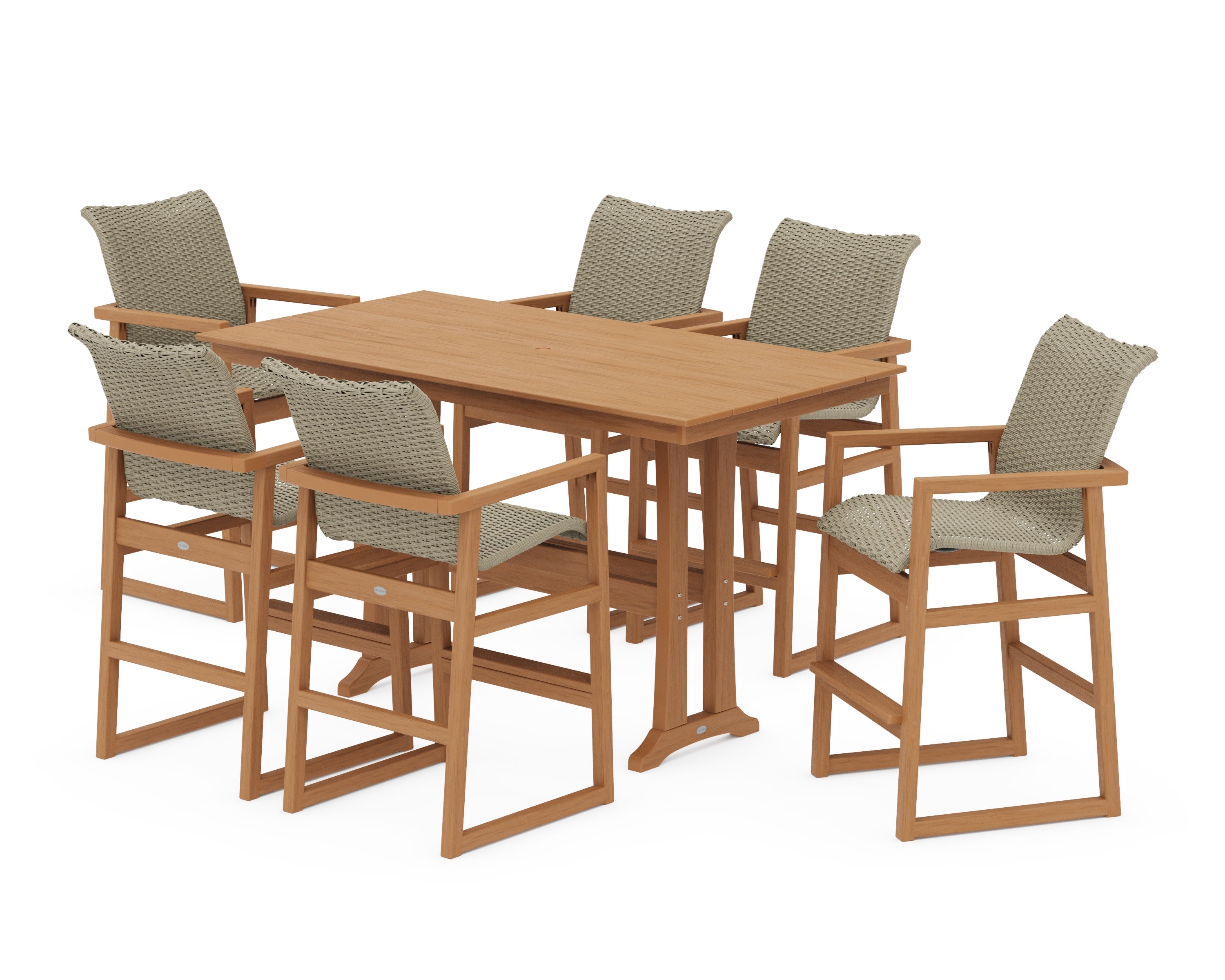 EDGE Woven Arm Chair 7-Piece Farmhouse Bar Set with Trestle Legs in Natural / Dune Grass