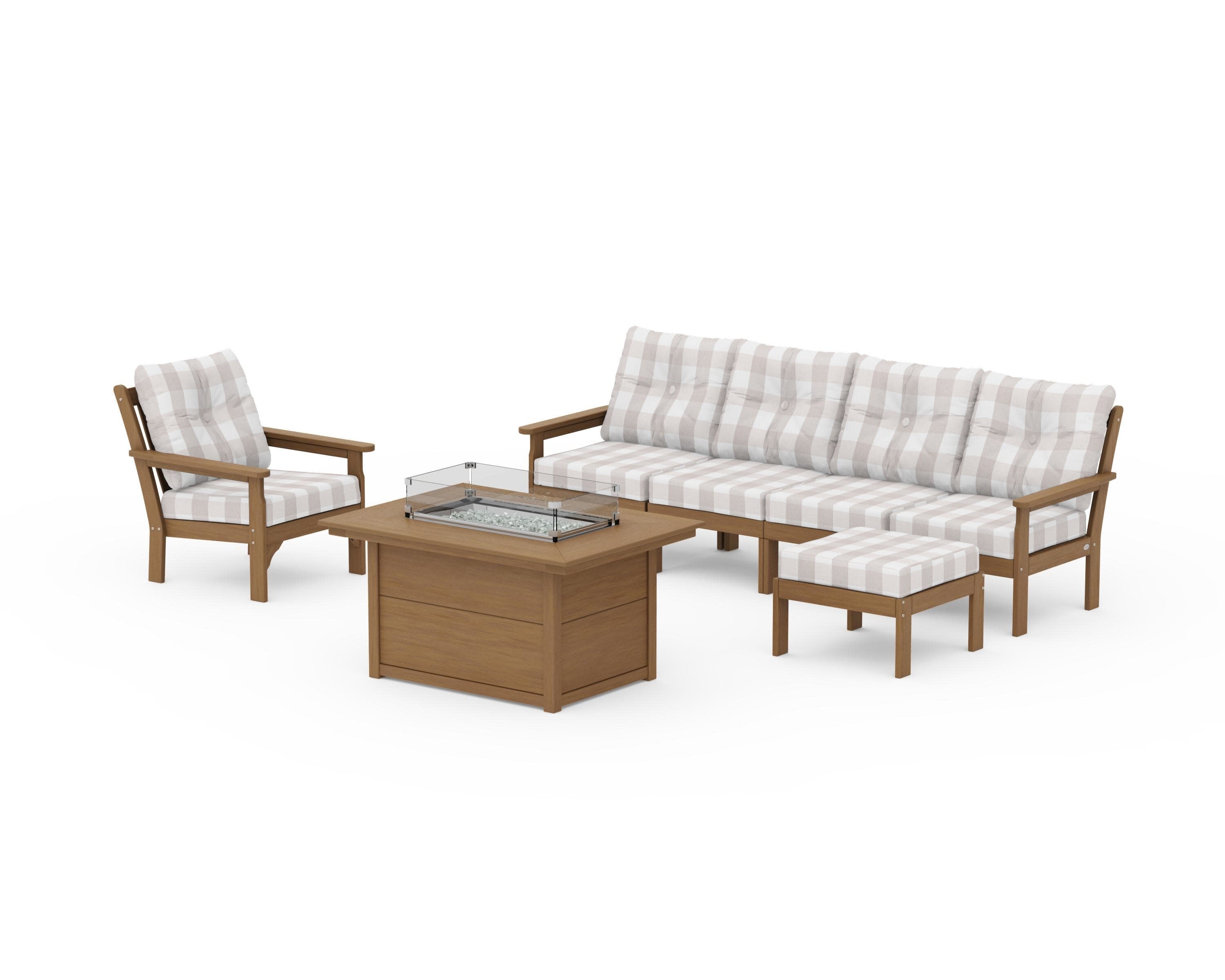 Vineyard Sectional Lounge and Fire Pit Set in Natural / Buffalo Plaid Dune Burlap